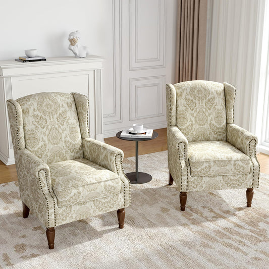 Floral Wingback Accent Chair, High Back Upholstered Armchair, Comfy Fabric Wingback Arms Chairs with Solid Wood Legs, Single Sofa Reading Chair for Bedroom Living Room, Beige