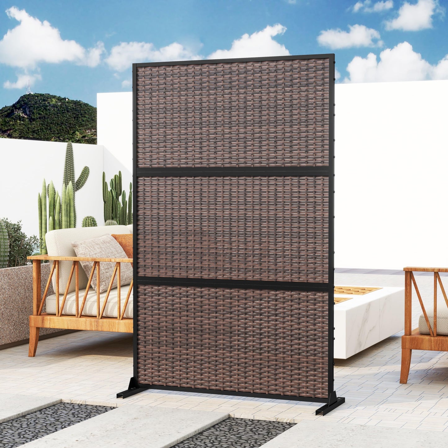 Outdoor Metal Privacy Screen with Stand, 72" H x 47" W Freestanding Outdoor Patio Divider, Decorative Patio Privacy Fence Panel for Garden Backyard Balcony Porch (Brown-Crossbanding)