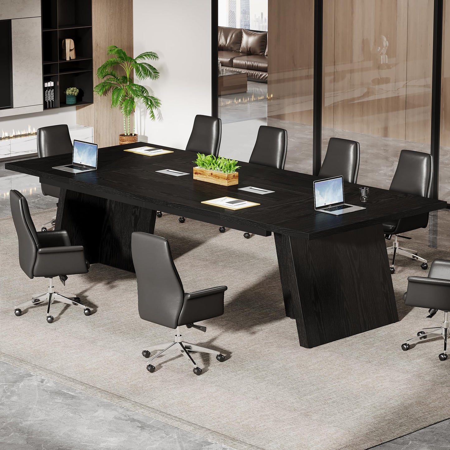 Tribesigns 8ft Conference Table, Modern Office Meeting Room Desk with Cable Management, Large Business Furniture for Boardroom, Conference Room (1, Walnut + Black)