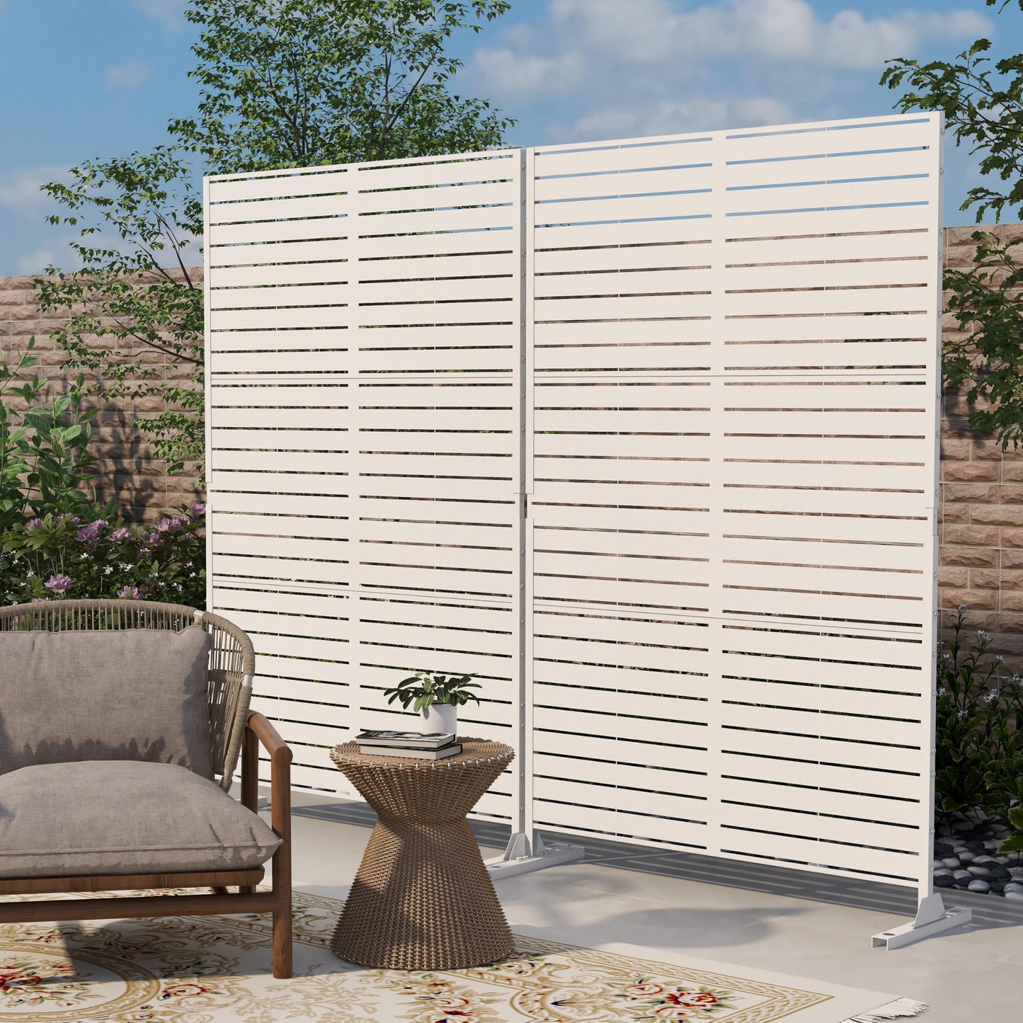 Outdoor Metal Privacy Screen with Stand, 72" H x 47" W Freestanding Outdoor Patio Divider, Decorative Patio Privacy Fence Panel for Garden Backyard Balcony Porch (Brown-Crossbanding)