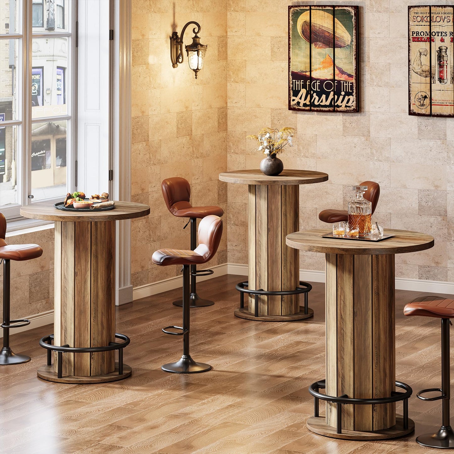 Tribesigns Round Bar Table, 39.4" H Wood Bistro Pub Table with Metal Ring Footrest for Dining Coffee Cocktail Living Room, Small Space, Black (Only Table)