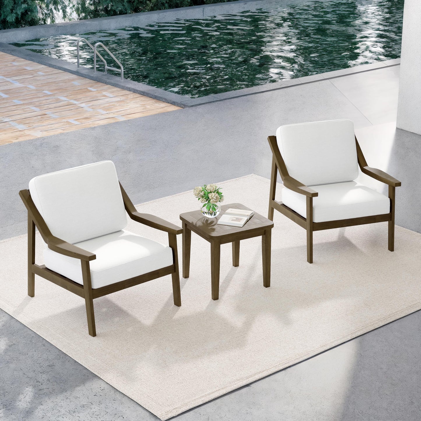 Outdoor Patio Furniture Set, 2 Piece Outdoor Patio Sofa Armchairs with Washable Thick Cushions, All-Weather Solid Wood Patio Bistro Set for Porch, Balcony, Natural Frame & Beige Cushion