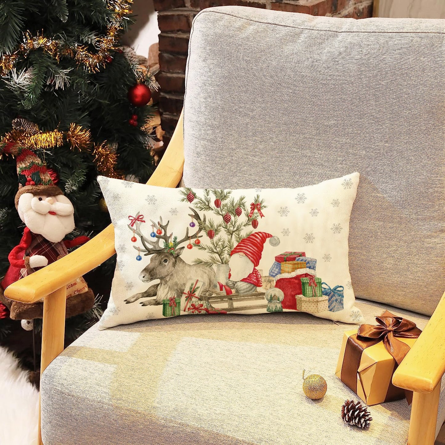 VAKADO 12x20 Christmas Outdoor Lumbar Throw Pillow Covers Set of 2 Farmhouse Red Deer Gnome Tree Snowman Xmas Winter Holiday Cushion Covers Home Decor for Sofa Couch Bench Room