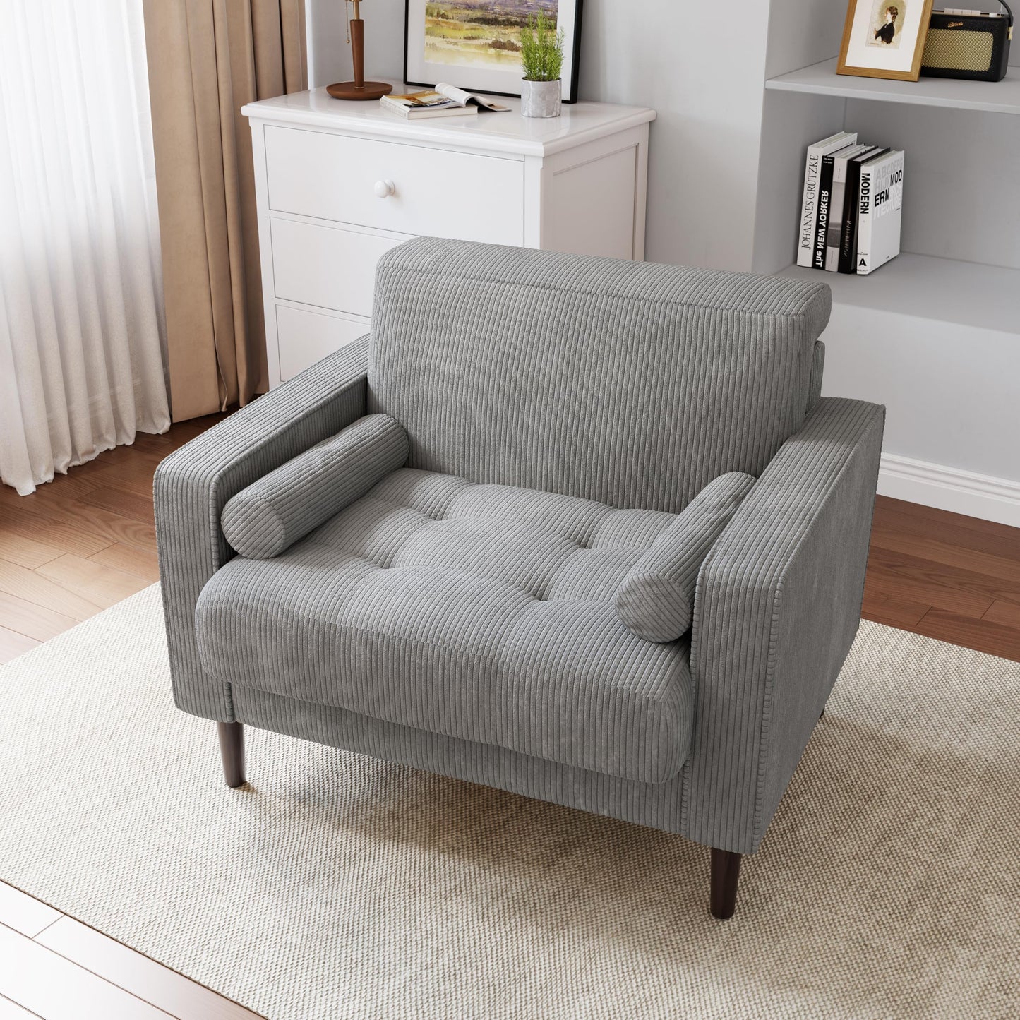 34.5" Arm Chair, Corduroy Fabric Modern Accent Chair, Comfy Upholstered Armchair Reading Chair with Solid Wood Legs for Living Room Bedroom Office, Yellow