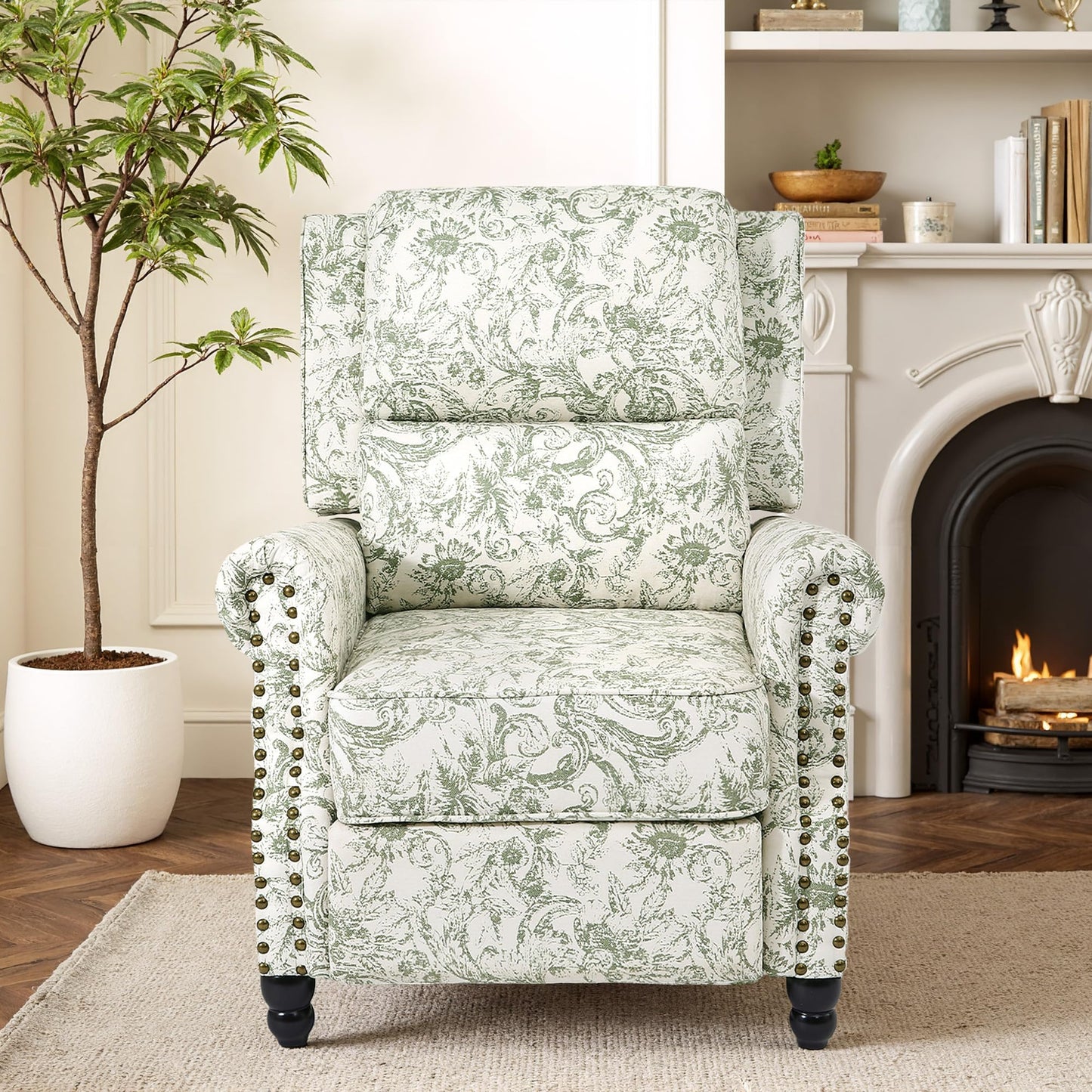Pushback Recliner Chairs Set of 2, Comfy Fabric Wingback Recliner Chair, Upholstered Armchair Push Back Recliner with Wood Legs, Rivet Trim Accent Chair for Living Room, Bedroom, Blue Stripe