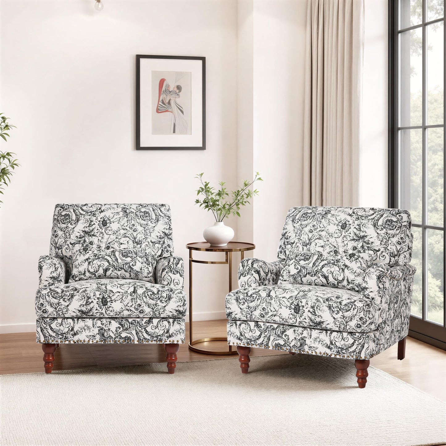 Accent Chair for Living Room, Upholstered Armchair with Nailhead Trim & Solid Wood Legs, Mid Century Modern Club Chair for Bedroom/Reading Room, Rococo Green