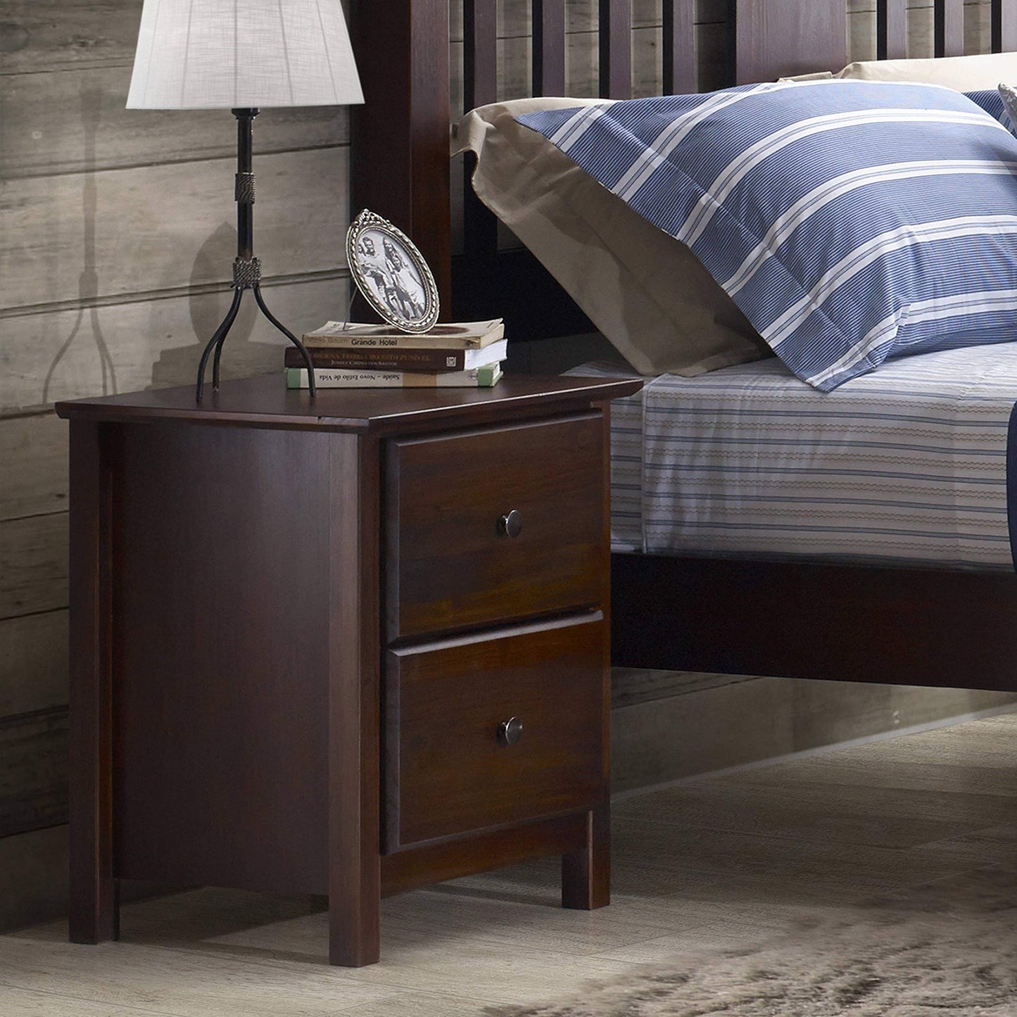 Grain Wood Furniture Shaker 2-Drawer Bedside Nightstand, Solid Wood with Walnut Finish