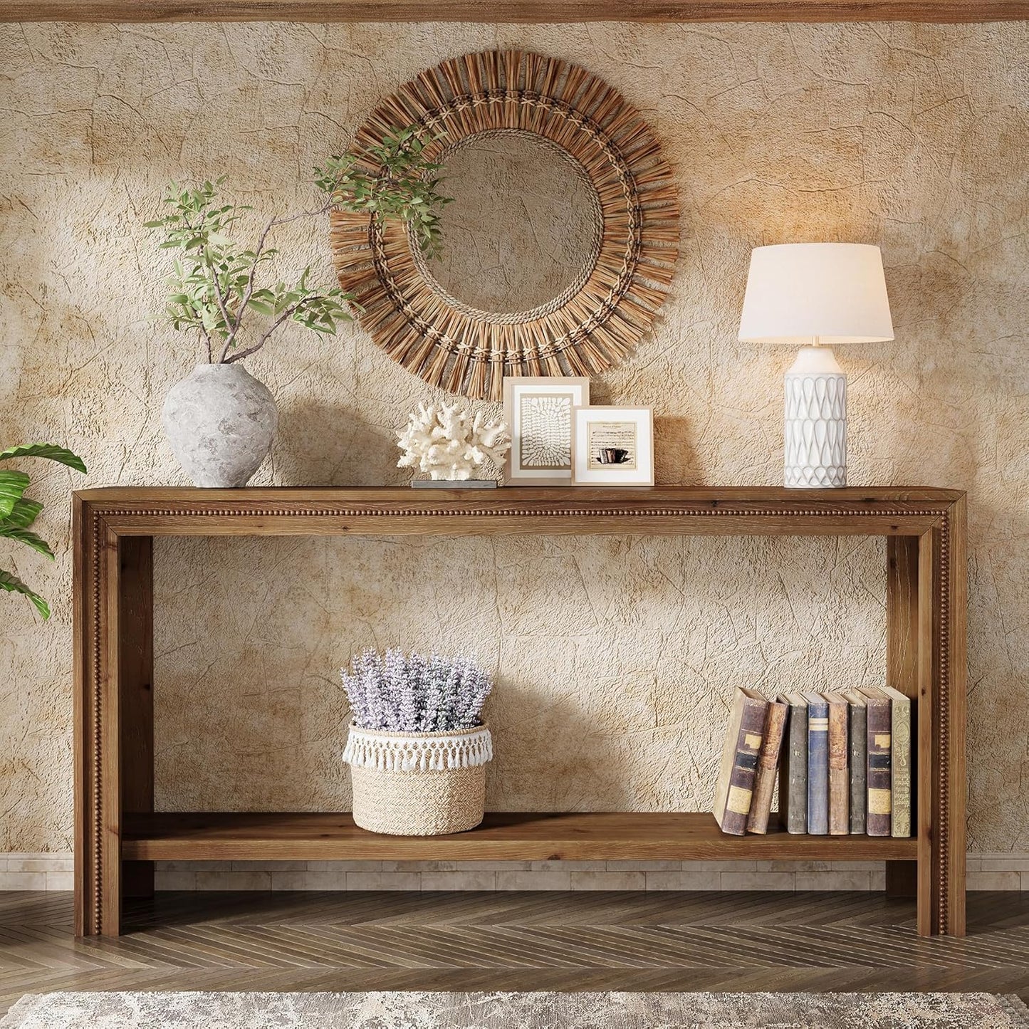 63" Solid Wood Console Table, Farmhouse Narrow Long Entryway Table with 2-Tier Storage Shelf for Living Room, Hallway, Entryway, Easy Assembly, Brown