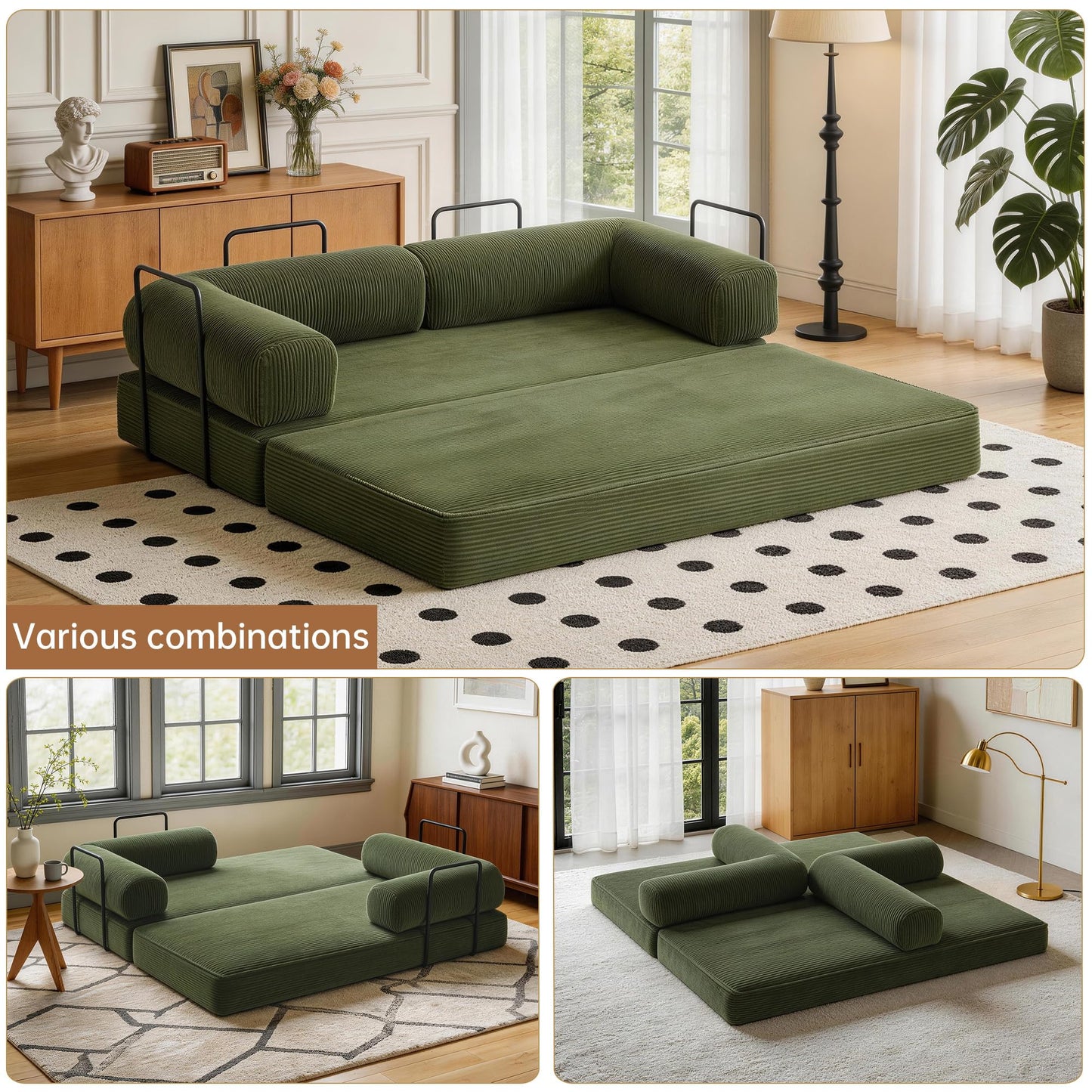 79'' Convertible Sleeper Sofa Bed, 4-in-1 Corduroy Folding Floor Couch, No Assembly Modular Boneless Loveseat with Pull Out Bed, Comfy Foldable Sofa Bed for Living Room Bedroom Guest Room, Gray