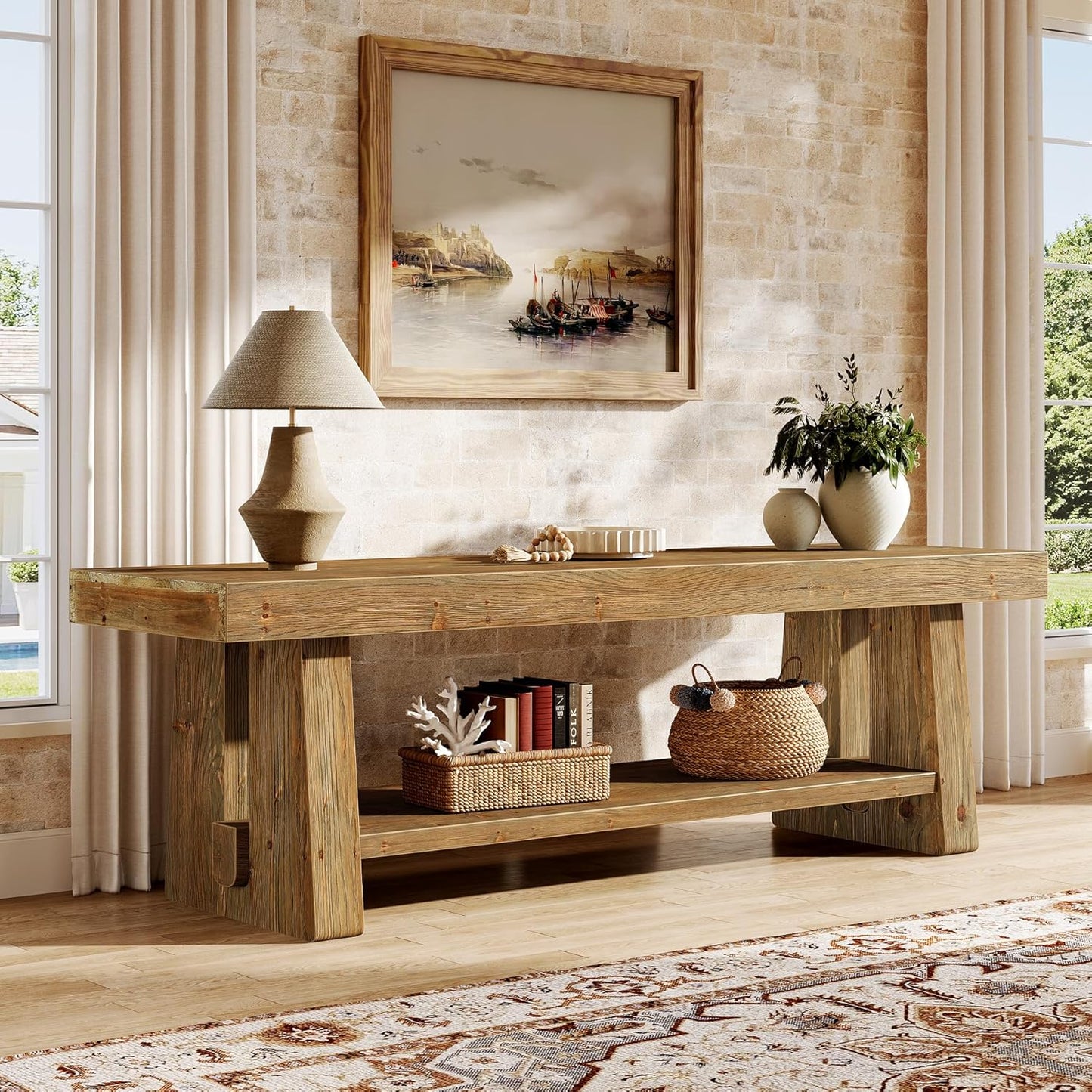 63-Inch Solid Wood TV Stand, 2-Tier Farmhouse Entertainment Center with Open Storage Shelves, TV Consoles for Living Room Bedroom, Wood Television Console for TVs up to 75 Inches