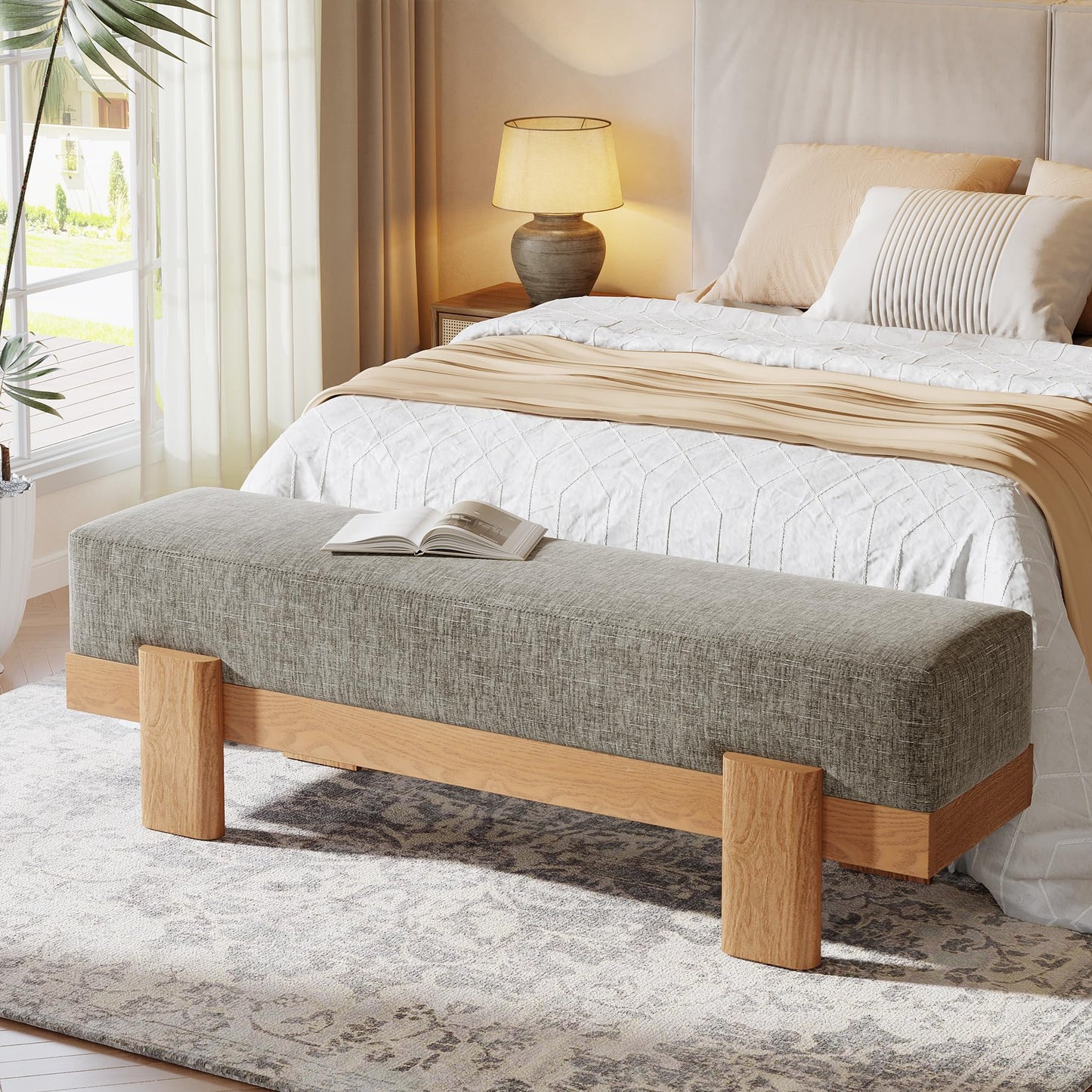 Tribesigns 55-Inch Upholstered Entryway Bench, Modern Shoe Bench with Ultra-Plush Thick Cushion and MDF Frame, End of Bed Stool Long Ottoman for Entrance, Living Room (Beige & Oak)