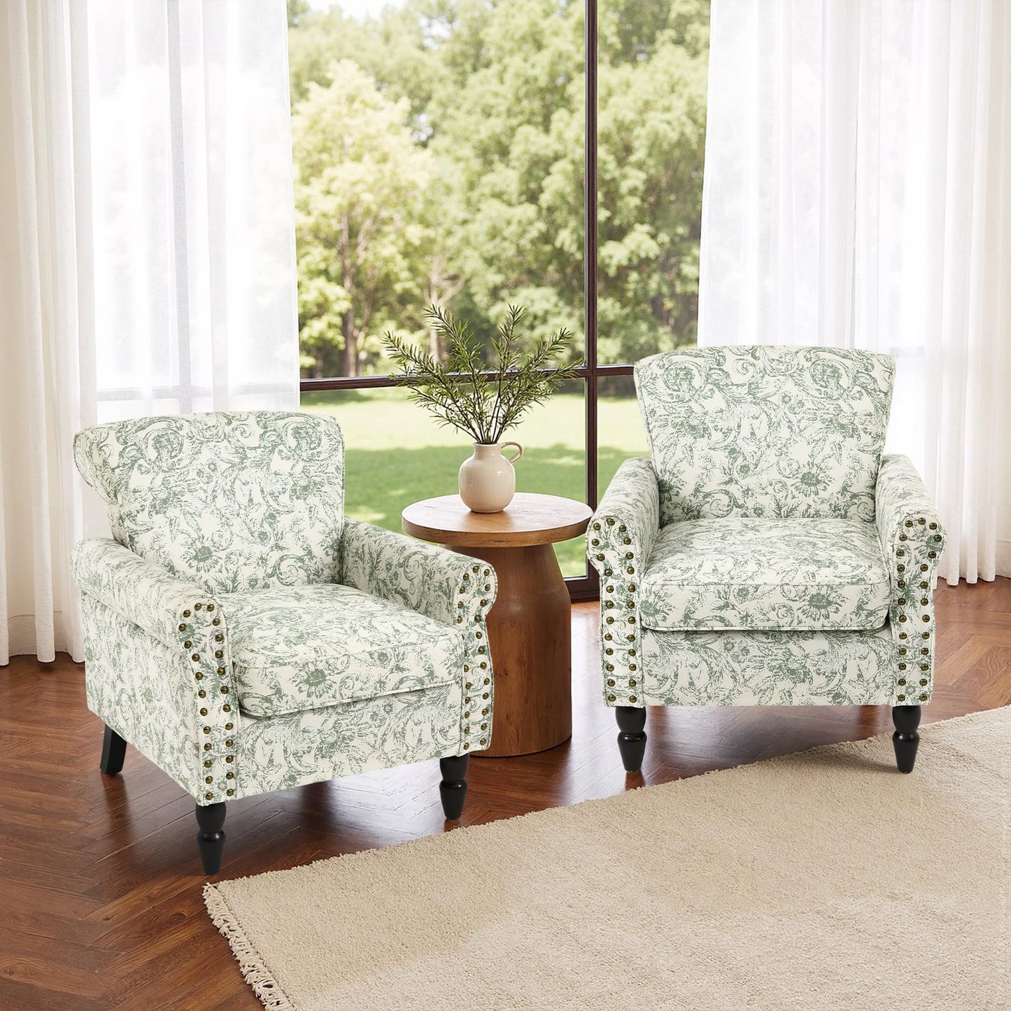Wingback Accent Chairs Set of 2, Mid-Century Modern Upholstered Armchair Living Room Chair with Nailhead Trim & Rolled Armrest, Comfy Lounge Chair Single Sofa Chair for Bedroom, Light Blue