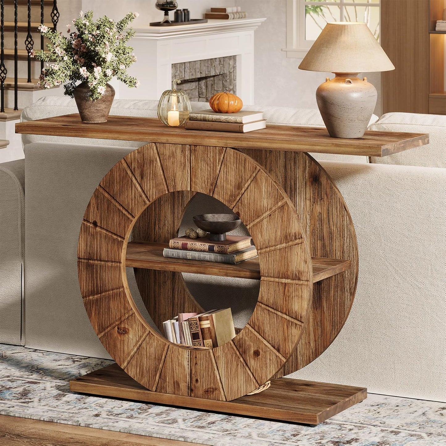 41" Solid Wood Console Table with Storage, Farmhouse Sofa Table with 3-Tier Shelves & Carved Circle Base for Living Room, Hallway, Foyer, Rustic Brown