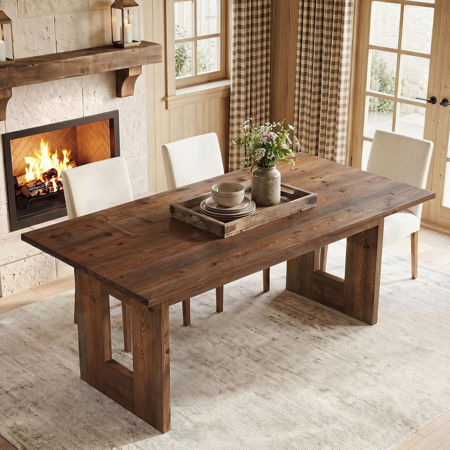 63" Solid Wood Dining Table for 4-6 People, Rustic Rectangular Wood Kitchen Table with Thick Top & Heavy-Duty Legs for Dining Room, Living Room, Rustic Brown