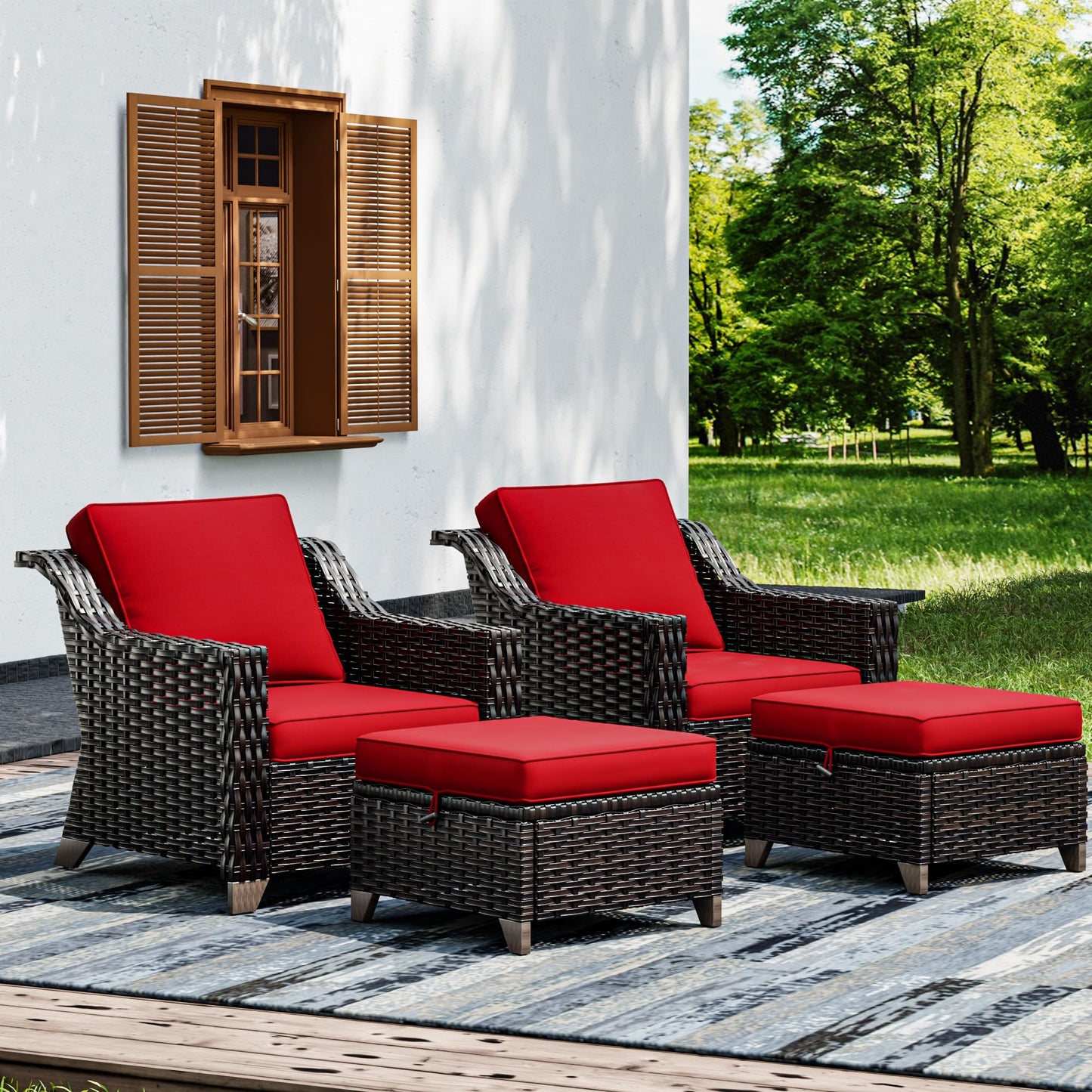 Joyside Patio Sofa - 3 Seater Rattan Sofa, All Weather High Back Sofa, Upgraded Large Size with 4inch Seat Cushions for Backyard, Garden, Poolside (Brown/Blue)