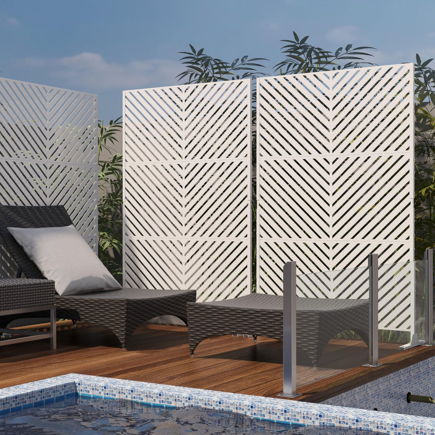 Outdoor Metal Privacy Screen with Stand, 72" H x 47" W Freestanding Outdoor Patio Divider, Decorative Patio Privacy Fence Panel for Garden Backyard Balcony Porch (Brown-Crossbanding)