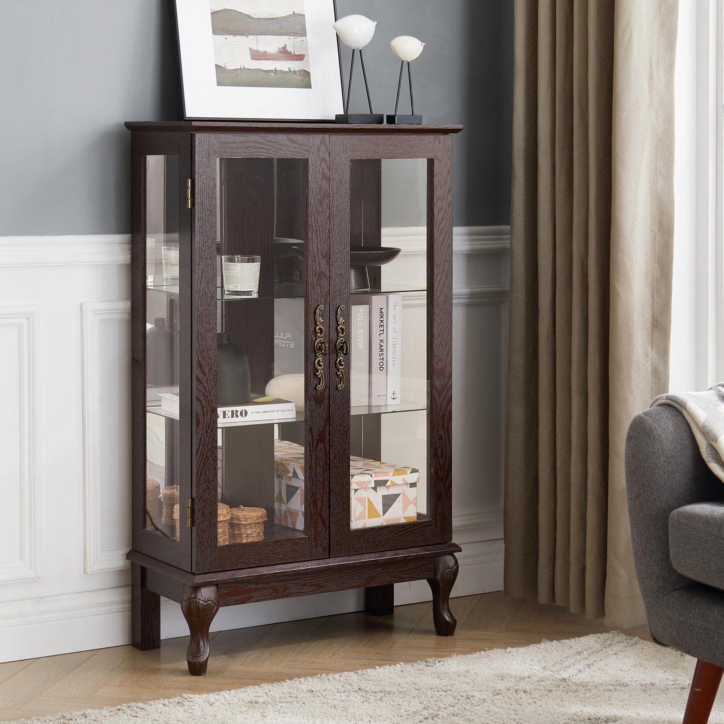 LKTART Curio Glass Display Cabinet,Storage Cabinet with Lights and Mirrored Back Panel,China Cabinet with Tempered Glass Doors and Shelves,Collectible Display Shelf,Included Bulb White