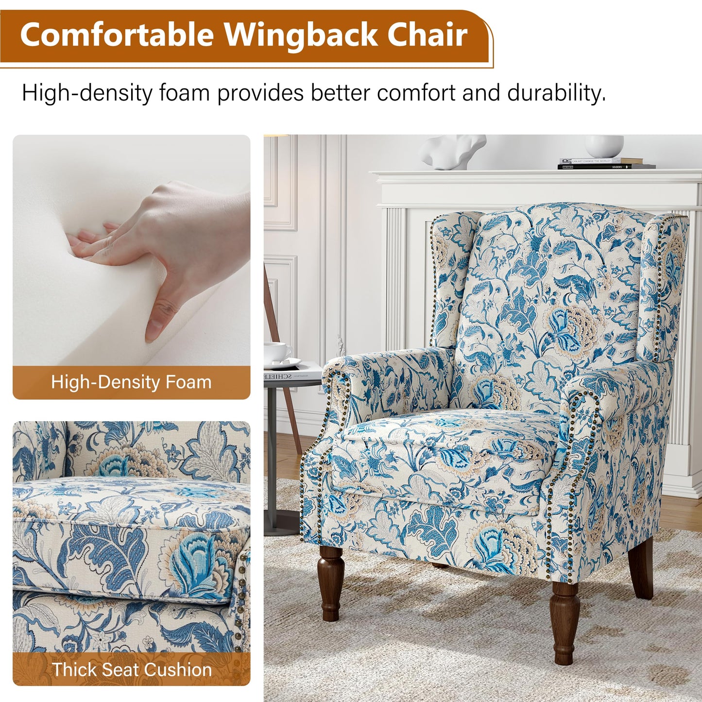 Floral Wingback Accent Chair, High Back Upholstered Armchair, Comfy Fabric Wingback Arms Chairs with Solid Wood Legs, Single Sofa Reading Chair for Bedroom Living Room, Beige