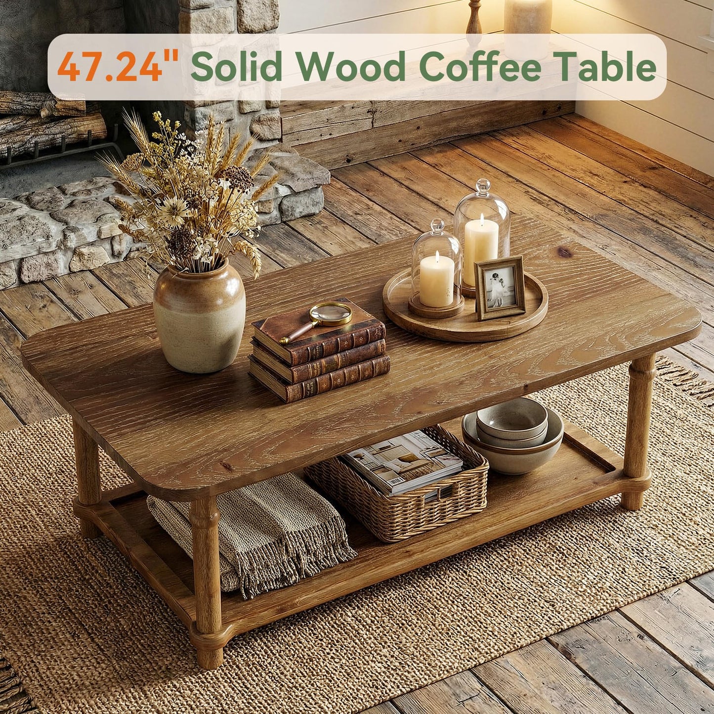 47" Rectangle Coffee Table, Solid Wood Center Table with 2-Tier Storage, Modern Farmhouse Coffee Furniture for Living Room, Home & Family Room, Light Brown