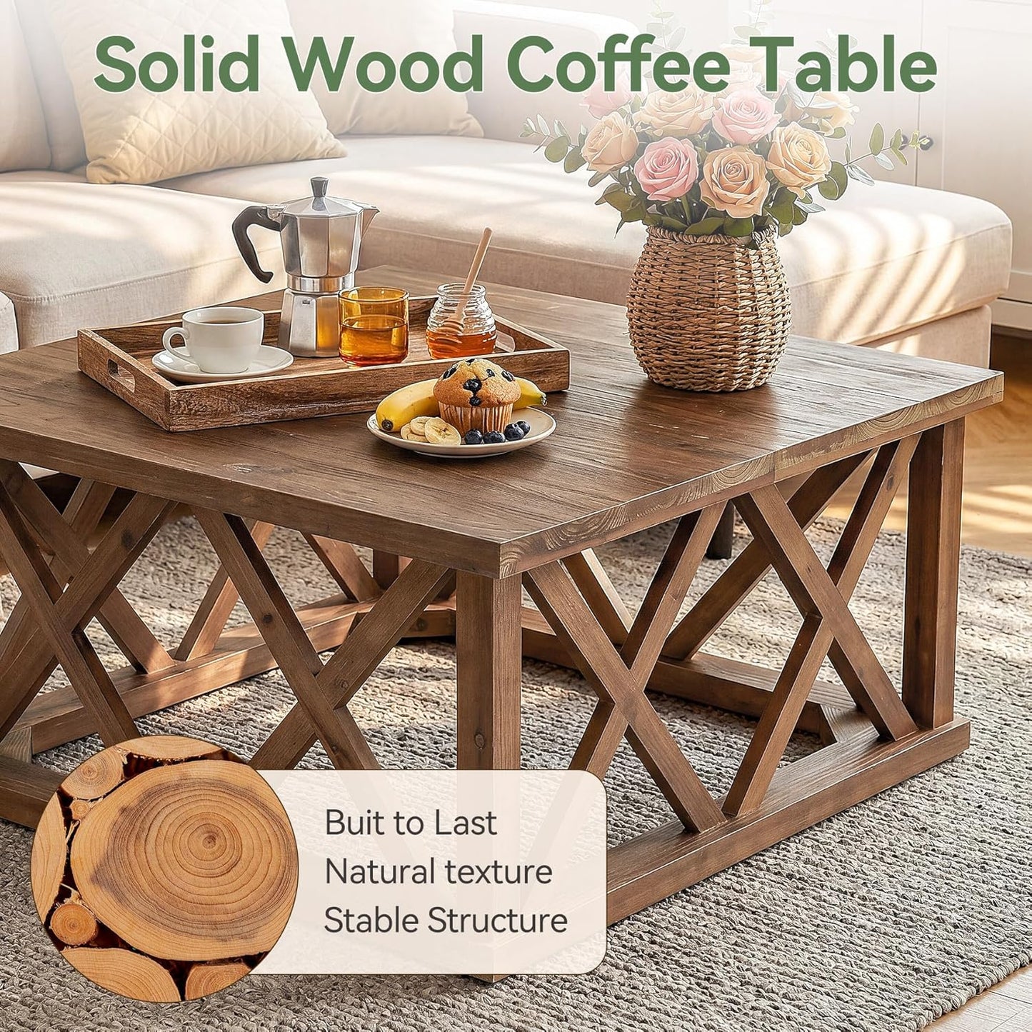 Solid Wood Coffee Table, 39.37-Inch Square Center Table with Reinforced X-Frame & Sturdy Base, Farmhouse Low Cocktail Tea Table for Living Room, Apartment, Office, Easy Assembly, Brown