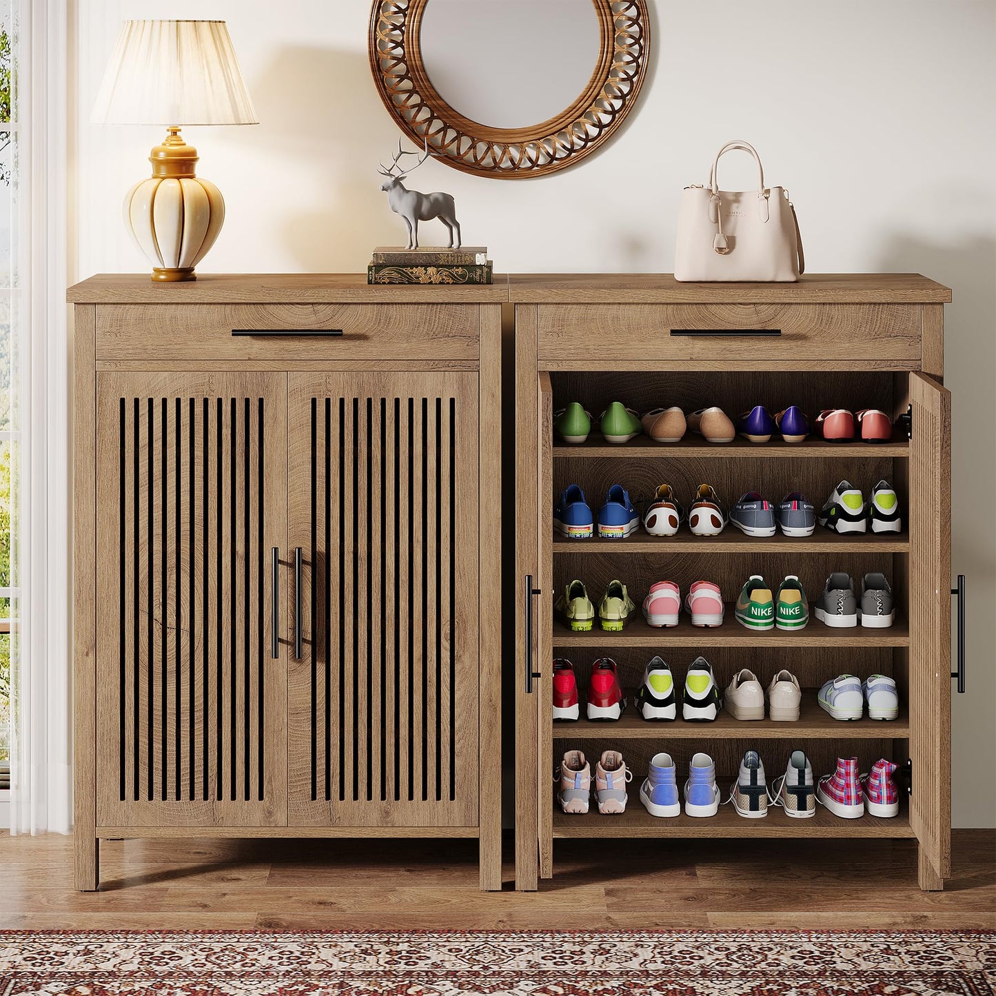 Tribesigns Shoe Cabinet, 5-Tier Shoe Storage Cabinet with Louvered Doors and Drawer, Freestanding Wooden Shoe Rack Organizer with Adjustable Shelves for Entryway, Hallway, Closet, Brown