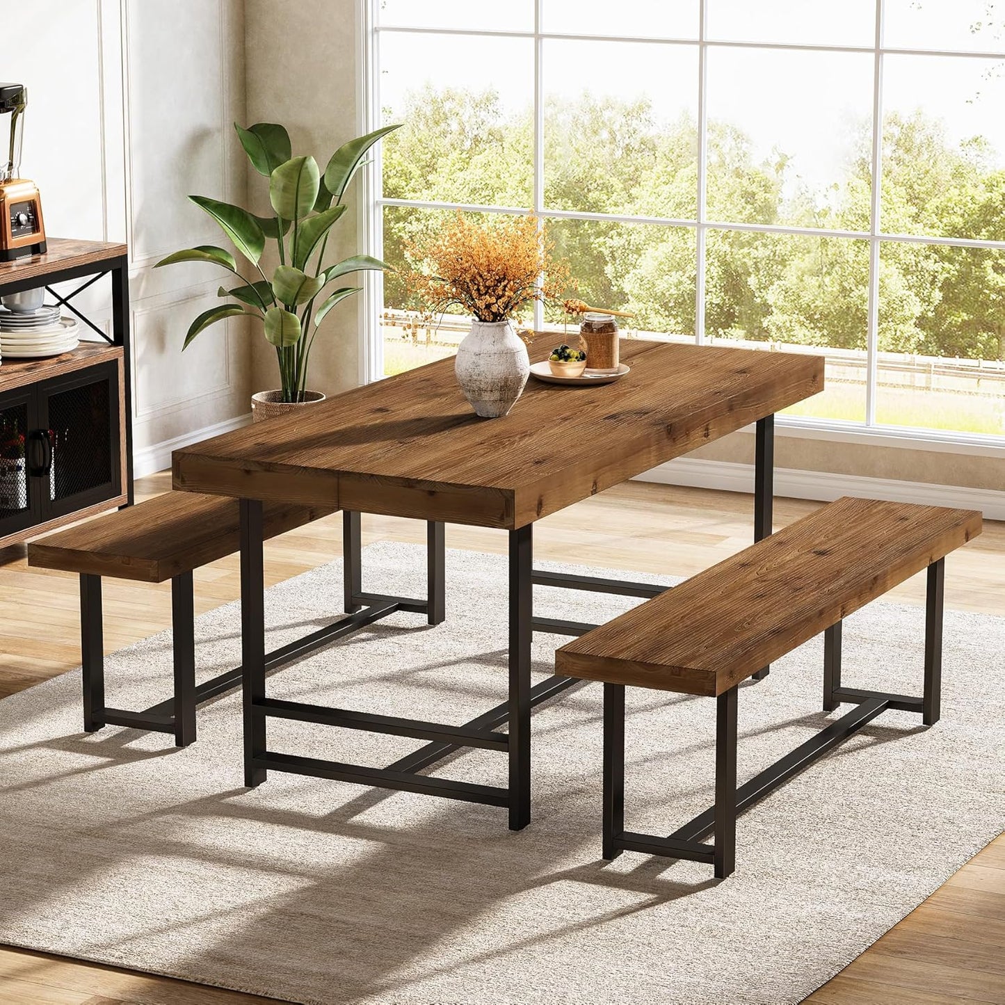 Solid Wood Dining Table Set for 4-6, 55.12" Industrial Farmhouse Kithcen Table with 2 Benches, Space Saving 3-Piece Rectangle Dinette Set & Chairs for Dining Room, Breakfast Nook, Small Space