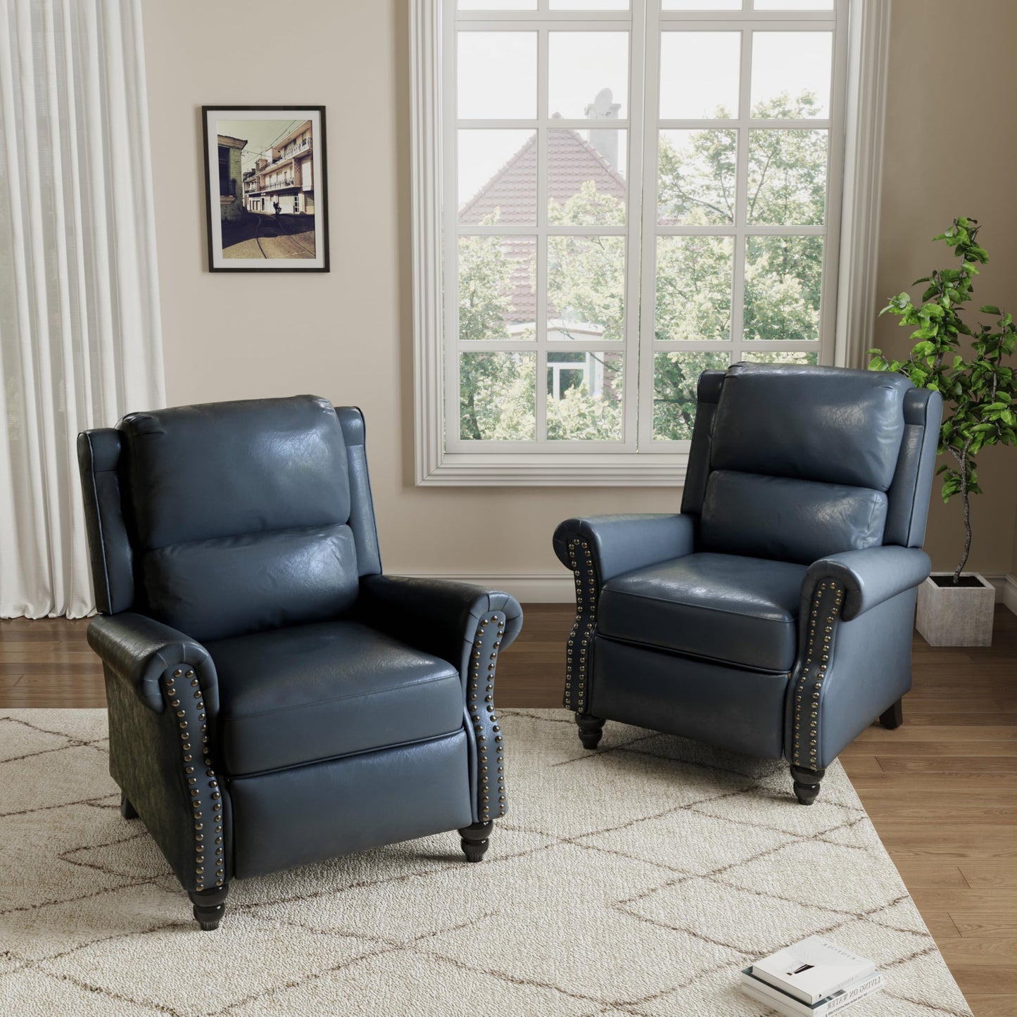 Pushback Recliner Chairs Set of 2, Comfy Fabric Wingback Recliner Chair, Upholstered Armchair Push Back Recliner with Wood Legs, Rivet Trim Accent Chair for Living Room, Bedroom, Blue Stripe