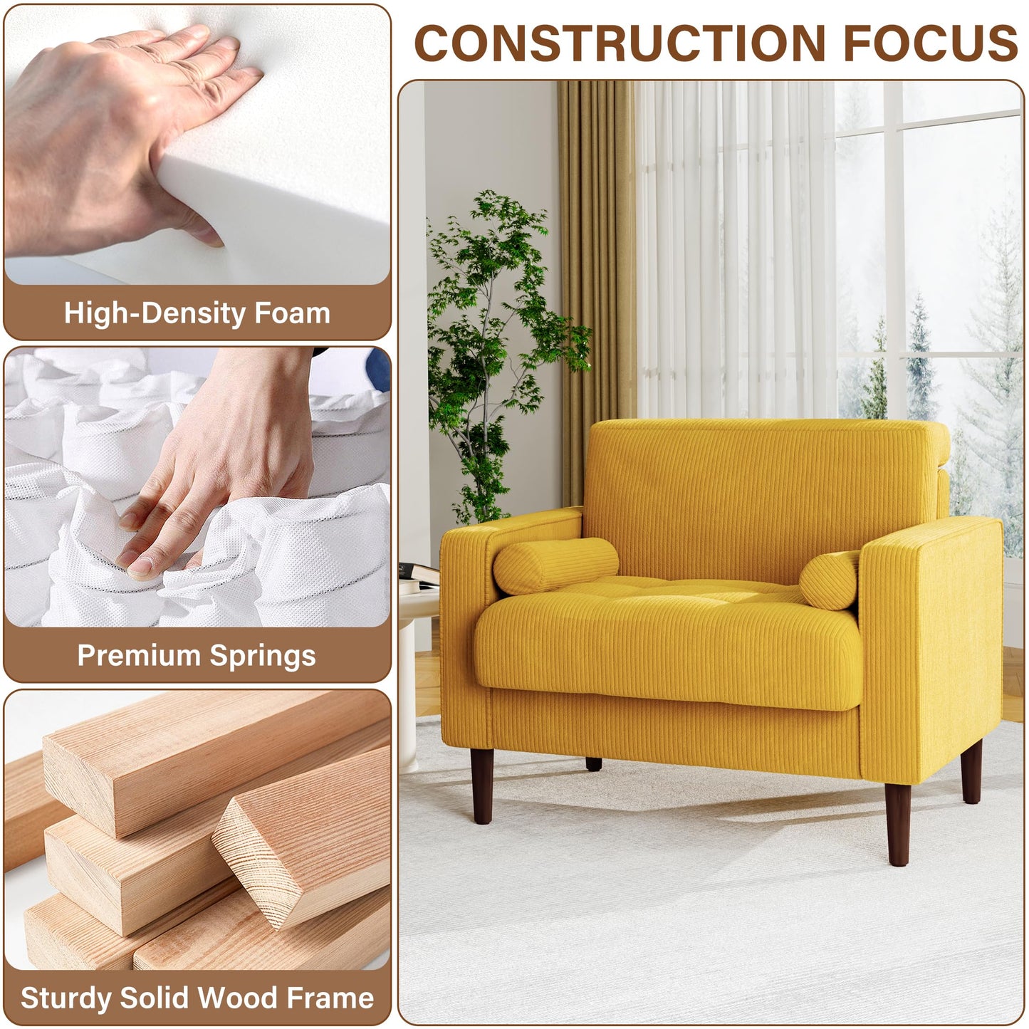 34.5" Arm Chair, Corduroy Fabric Modern Accent Chair, Comfy Upholstered Armchair Reading Chair with Solid Wood Legs for Living Room Bedroom Office, Yellow