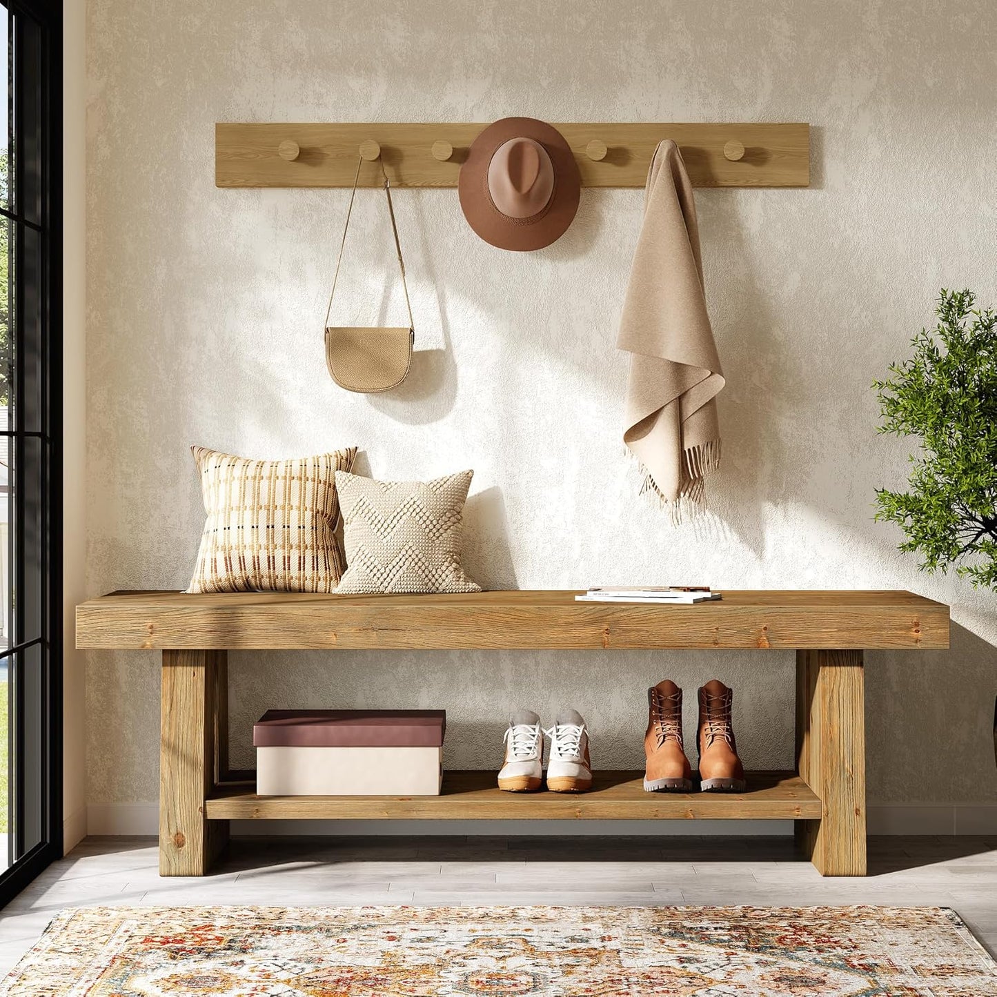 63'' Solid Wood Entryway Bench with Open Shelves, 2-Tier End of Bed Bench, Farmhouse Wooden Bench Indoor for Dining Room, Living Room, Hallway, Bedroom