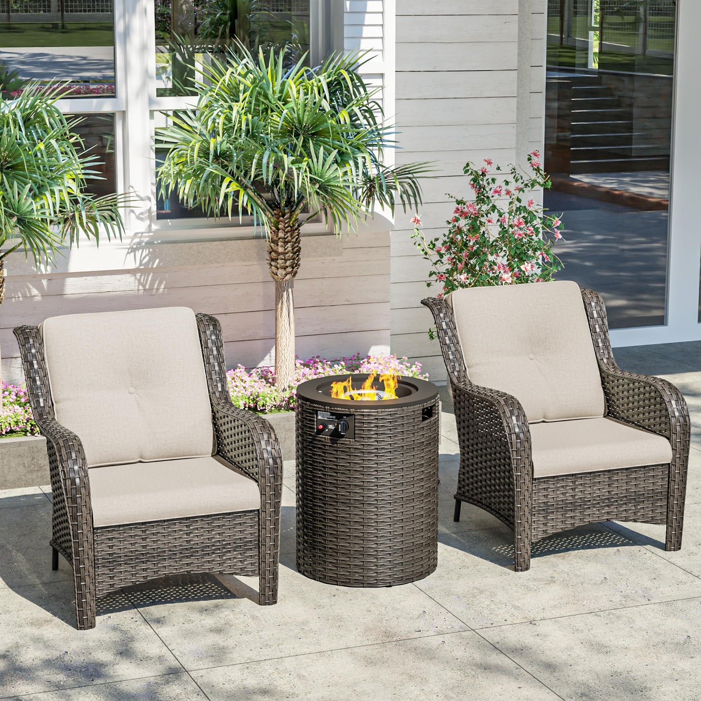 Joyside Patio Furniture Set with Fire Pit Table, 3 Piece Outdoor Wicker Conversation Sets with High Back, Thickened Cushions, Rattan Sectional for Porch, Lawn Use (Red)