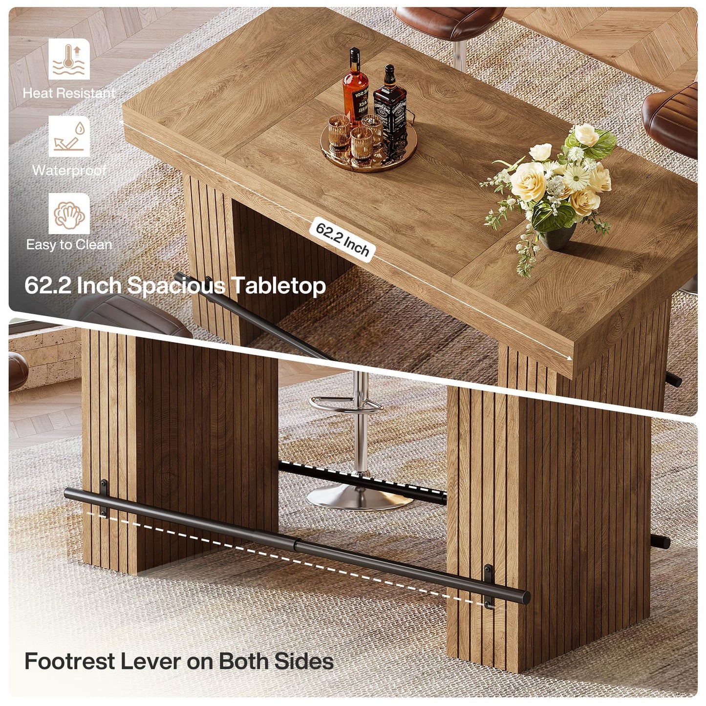 Tribesigns 62.2 Inch Bar Table, Industrial Counter Height Pub Dining Table, Rectangular Home Bar Units with Metal Footrest for Home Kitchen, Dining Room, Bistro, Brown and Dark Grey