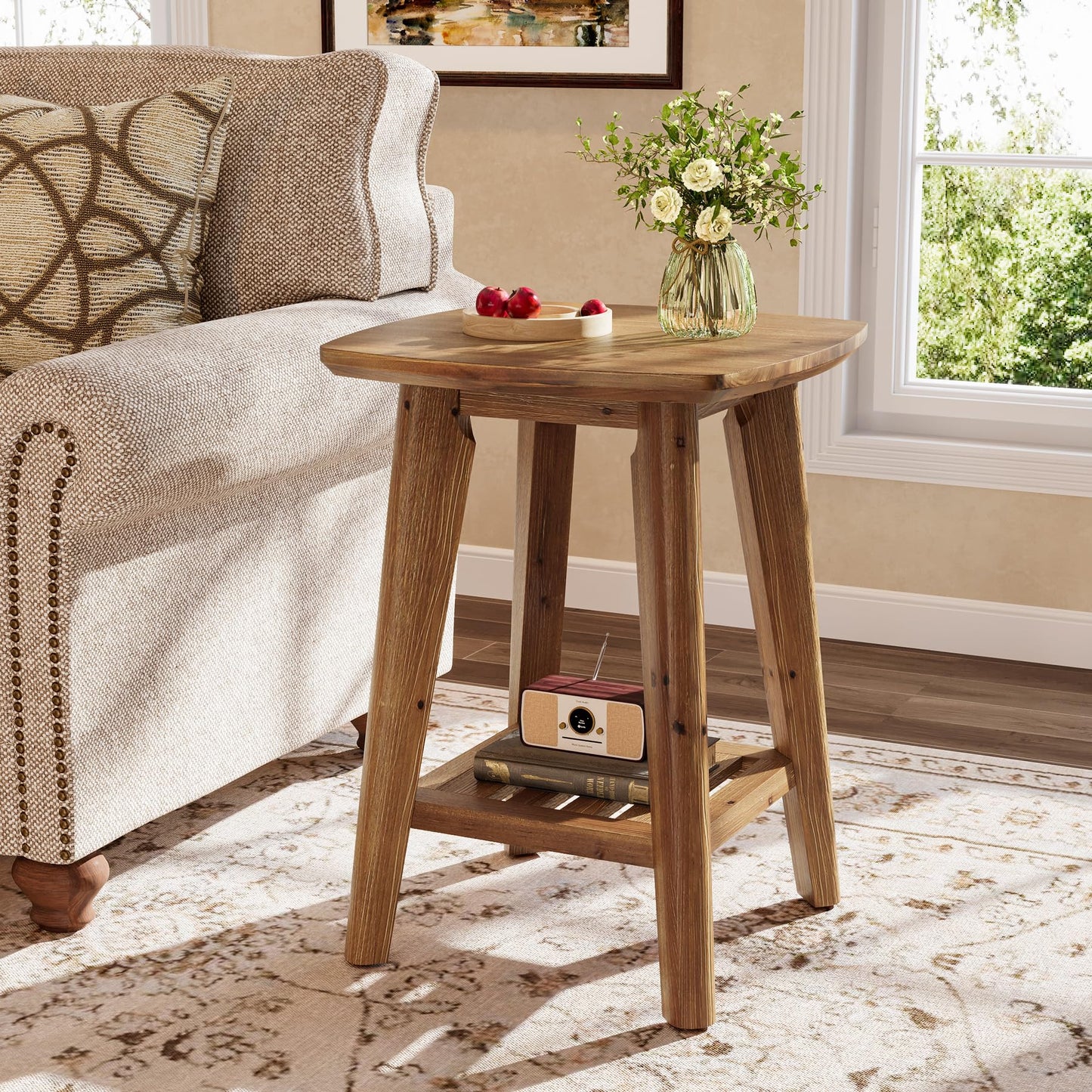 Square Side Table with 2-Tier Storage Shelf & Solid Wood Material, 19.68" Wood End Table for Living Room, Sofa Side, Small Spaces – Easy Assembly, Space-Saving Design (2PCS)
