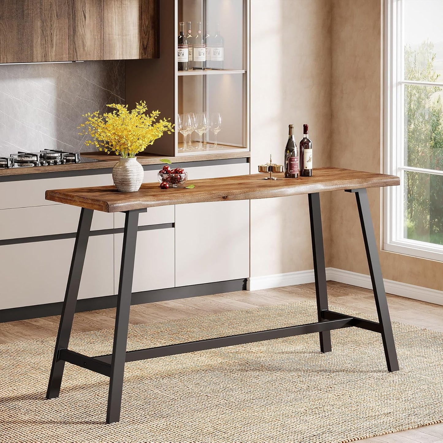 Solid Wood Bar Table, 55-Inch Counter Height Pub Table with Sturdy Metal Frame, Industrial Narrow Bar Table for Pub Kitchen Living Room, Rustic Brown