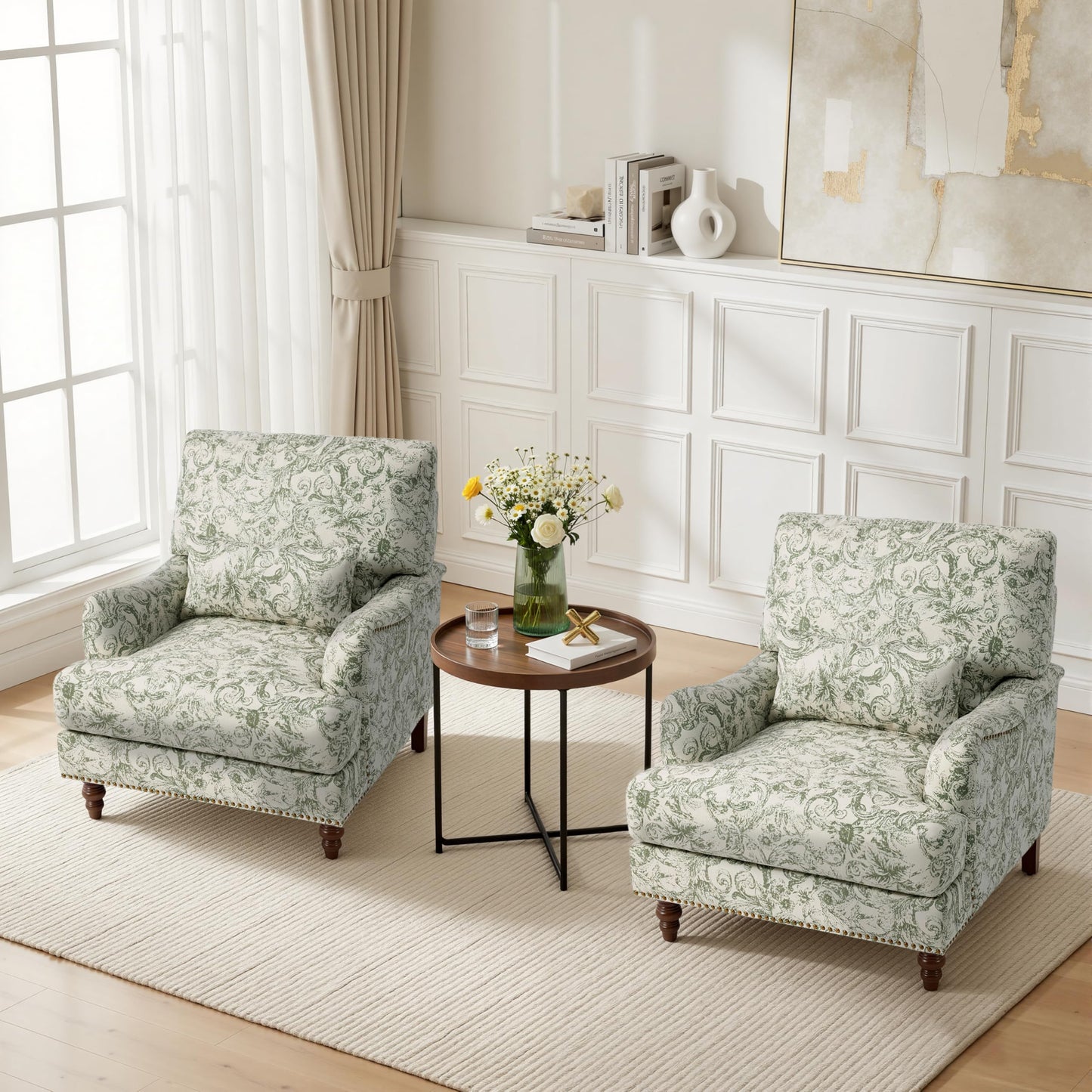Accent Chair for Living Room, Upholstered Armchair with Nailhead Trim & Solid Wood Legs, Mid Century Modern Club Chair for Bedroom/Reading Room, Rococo Green