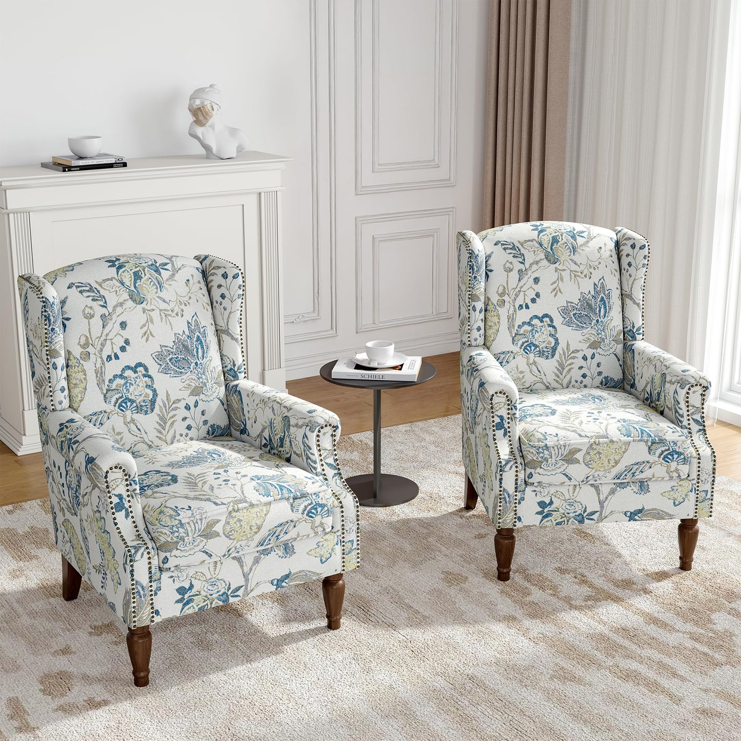 Floral Wingback Accent Chair, High Back Upholstered Armchair, Comfy Fabric Wingback Arms Chairs with Solid Wood Legs, Single Sofa Reading Chair for Bedroom Living Room, Beige