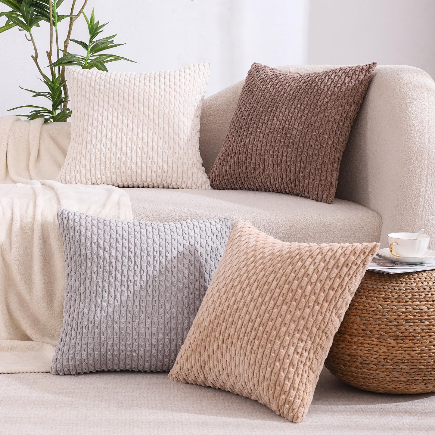 VAKADO Couch Throw Pillow Covers 16x16 Set of 4 Decorative Neutral Corduroy Boho Rustic Farmhouse Cushion Case Square for Home Decor Sofa Living Room Bed