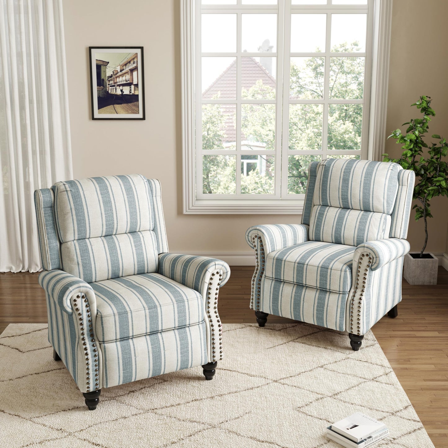Pushback Recliner Chairs Set of 2, Comfy Fabric Wingback Recliner Chair, Upholstered Armchair Push Back Recliner with Wood Legs, Rivet Trim Accent Chair for Living Room, Bedroom, Blue Stripe