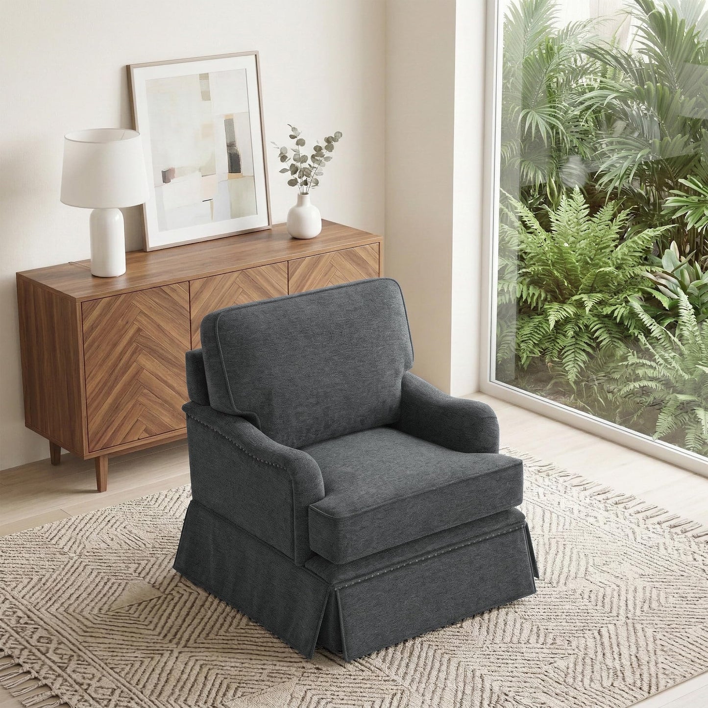 Swivel Accent Chair, 360° Swivel Upholstered Armchairs with Curved Arms, Comfy Chenille Fabric Lounge Reading Chairs for Living Room Bedroom Study, Metal Swivel Base, Tan