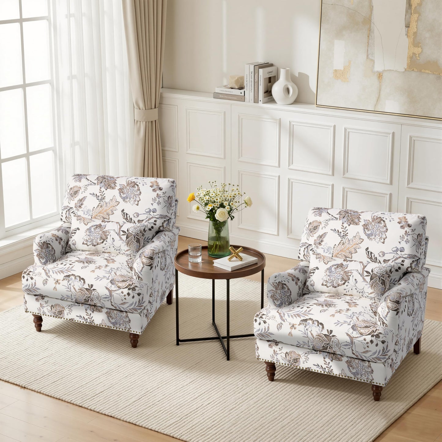 Accent Chair for Living Room, Upholstered Armchair with Nailhead Trim & Solid Wood Legs, Mid Century Modern Club Chair for Bedroom/Reading Room, Rococo Green