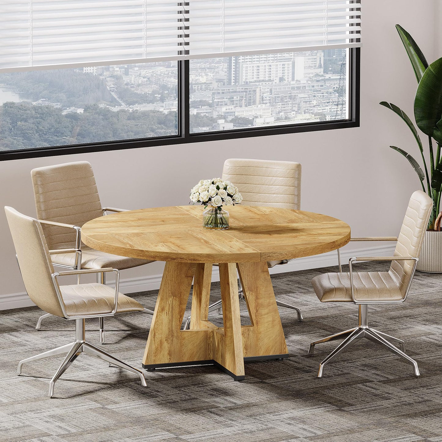 Tribesigns 47-Inch Round Conference Table for 4-6 People, Wooden Meeting Room Table with Thicken Tabletop and Wood Base (Grey)