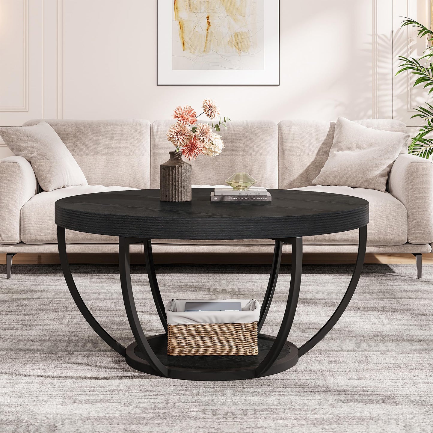 Tribesigns Round Coffee Table, 31.7" Wooden 2-Tier Circle Coffee Table with Storage Shelves, Modern Accent Cocktail Table Center Table for Living Room, Grey