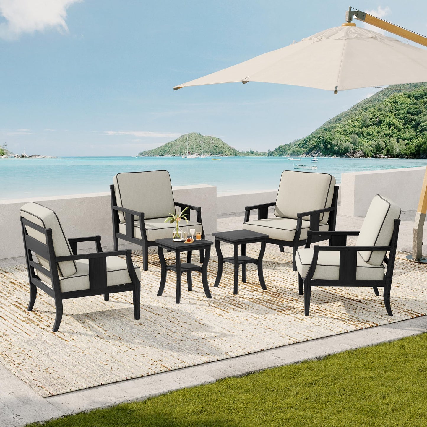 Outdoor Patio Armchairs Set of 2, All-Weather Solid Wood Patio Furniture Sets, Outdoor Sofa Chairs with Washable Thick Cushions for Porch, Balcony, Deck, Black Frame & Gray Cushion