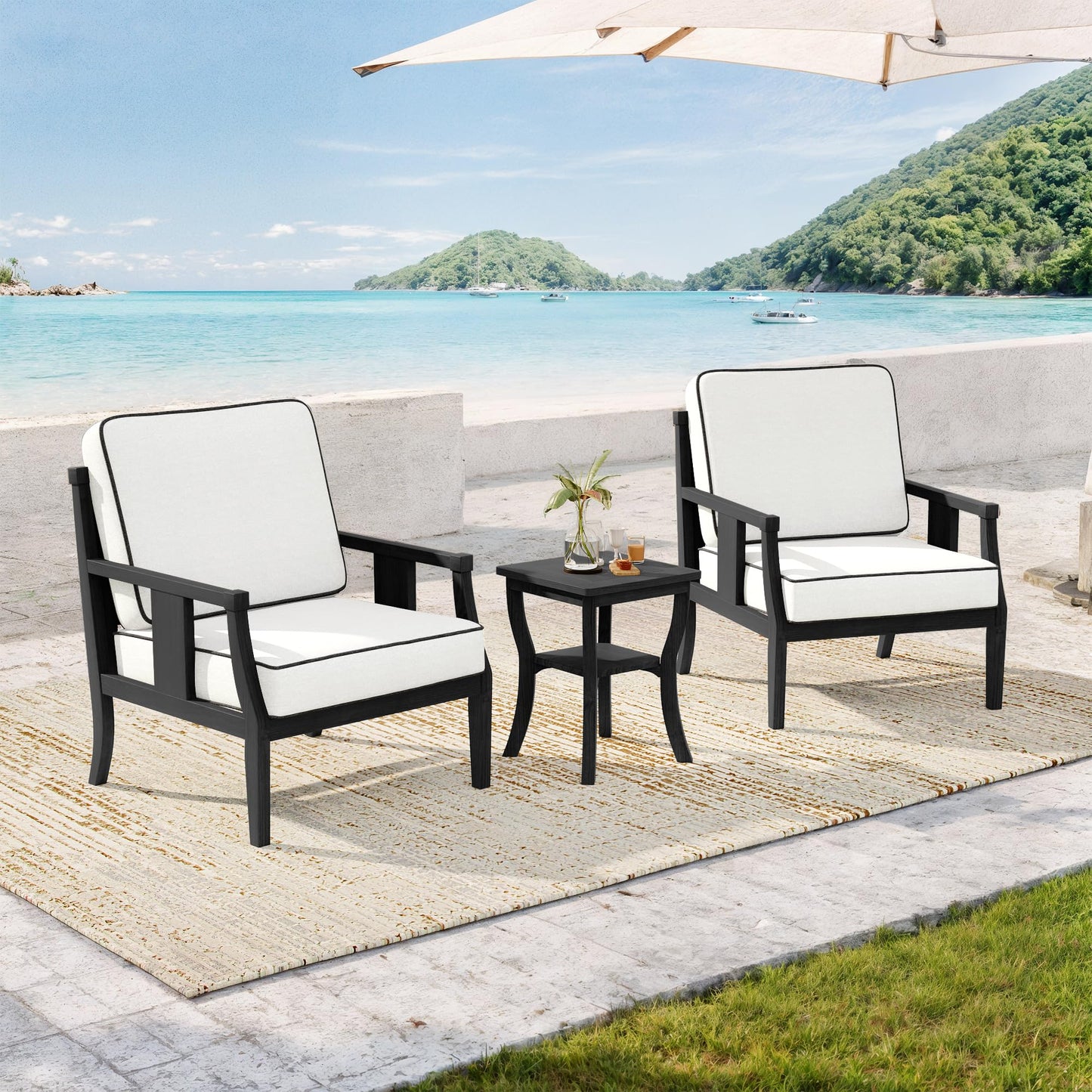 Outdoor Patio Armchairs Set of 2, All-Weather Solid Wood Patio Furniture Sets, Outdoor Sofa Chairs with Washable Thick Cushions for Porch, Balcony, Deck, Black Frame & Gray Cushion