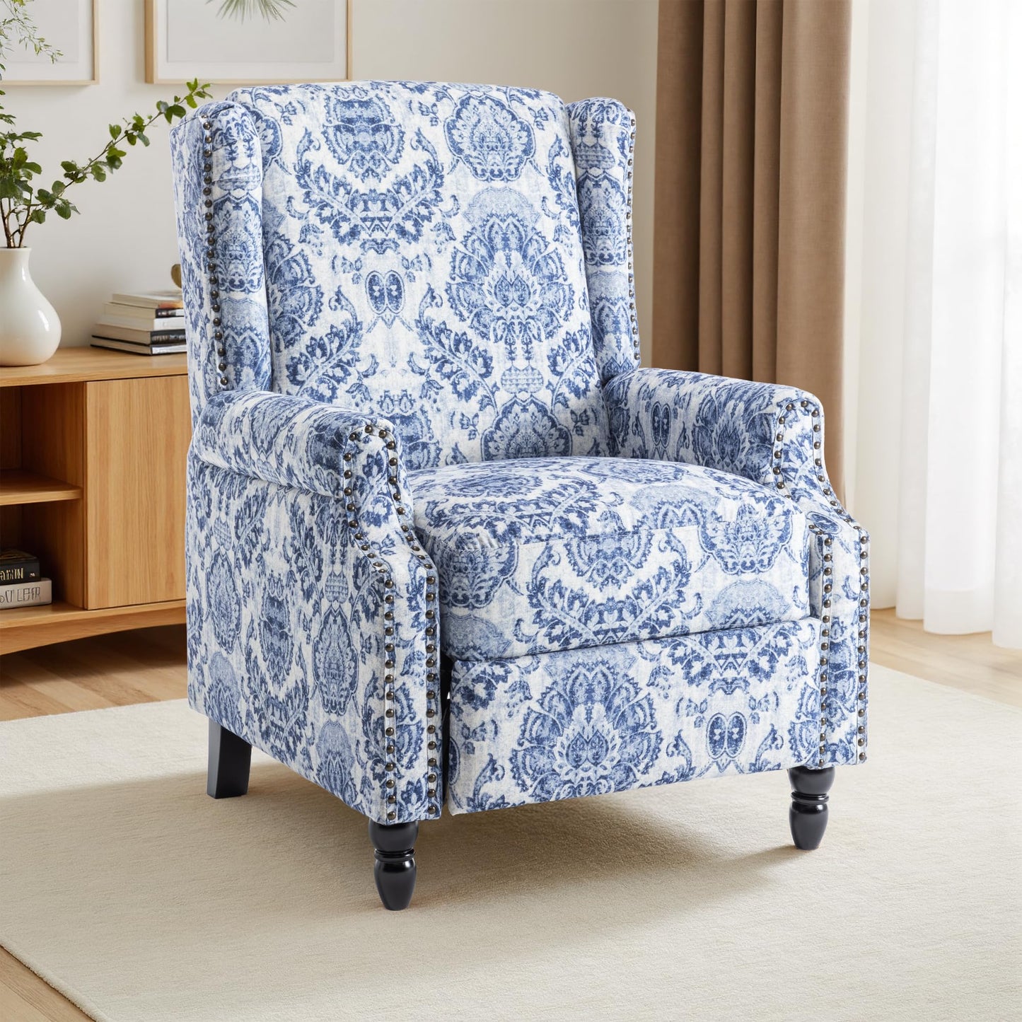 Pushback Recliner Chair, Printed Fabric Wingback Recliner Chair for Living Room, Upholstered Armchair Push Back Recliner with Wood Legs, Rivet Trim Wingback Accent Chair for Bedroom, Navy