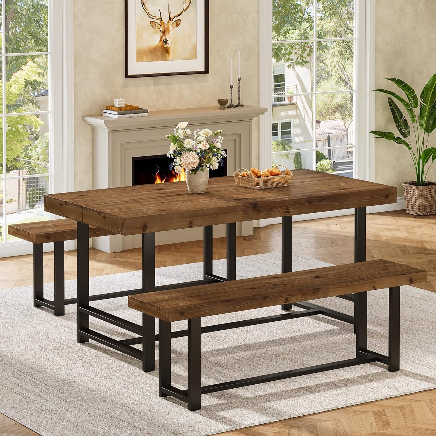 Solid Wood Dining Table Set for 4-6, 55.12" Industrial Farmhouse Kithcen Table with 2 Benches, Space Saving 3-Piece Rectangle Dinette Set & Chairs for Dining Room, Breakfast Nook, Small Space