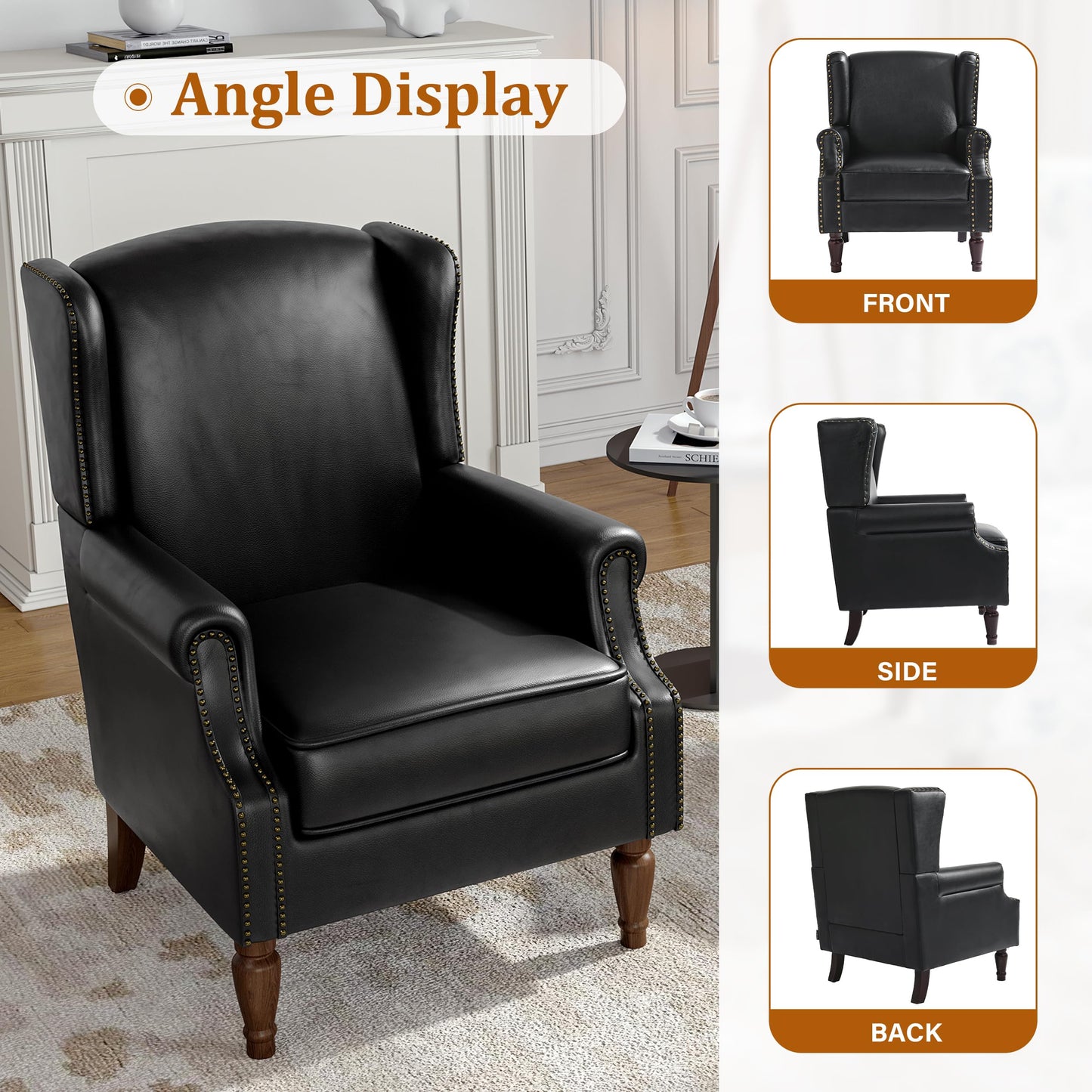 Floral Wingback Accent Chair, High Back Upholstered Armchair, Comfy Fabric Wingback Arms Chairs with Solid Wood Legs, Single Sofa Reading Chair for Bedroom Living Room, Beige