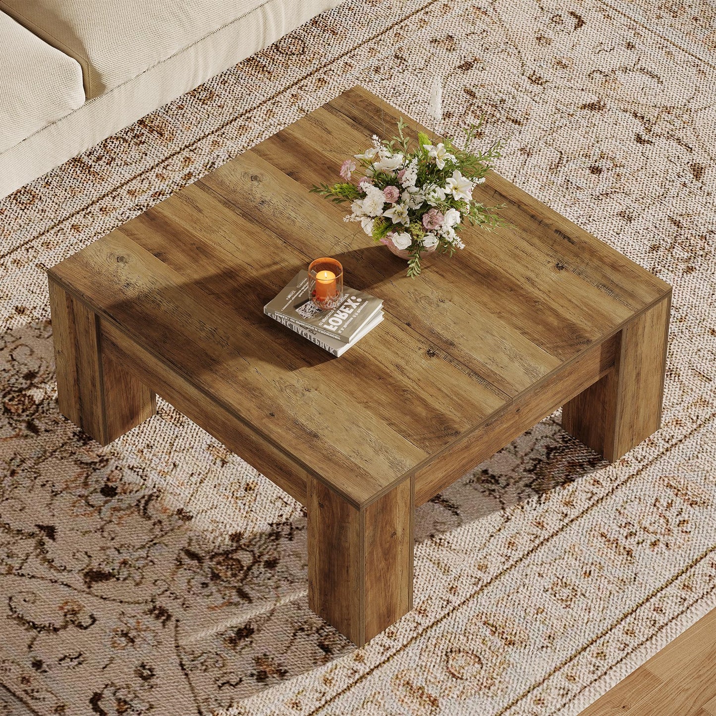 Tribesigns Square Coffee Table, 39-Inch Farmhouse Wooden Coffee Table with Sturdy Legs, Rustic Accent Center Table for Living Room, Easy Assembly, Light Brown