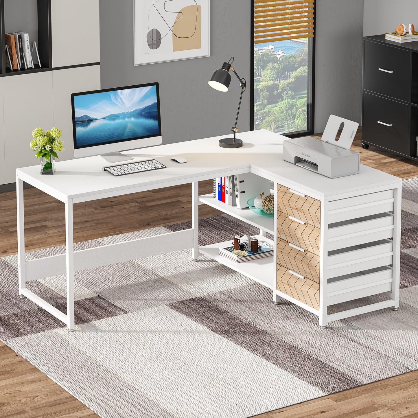 Tribesigns L Shaped Computer Desk with Storage Drawers, 59 inch Corner Desk with Shelves, Reversible L-Shaped Office Desk Study Writing Table Workstation for Home Office, Walnut & White