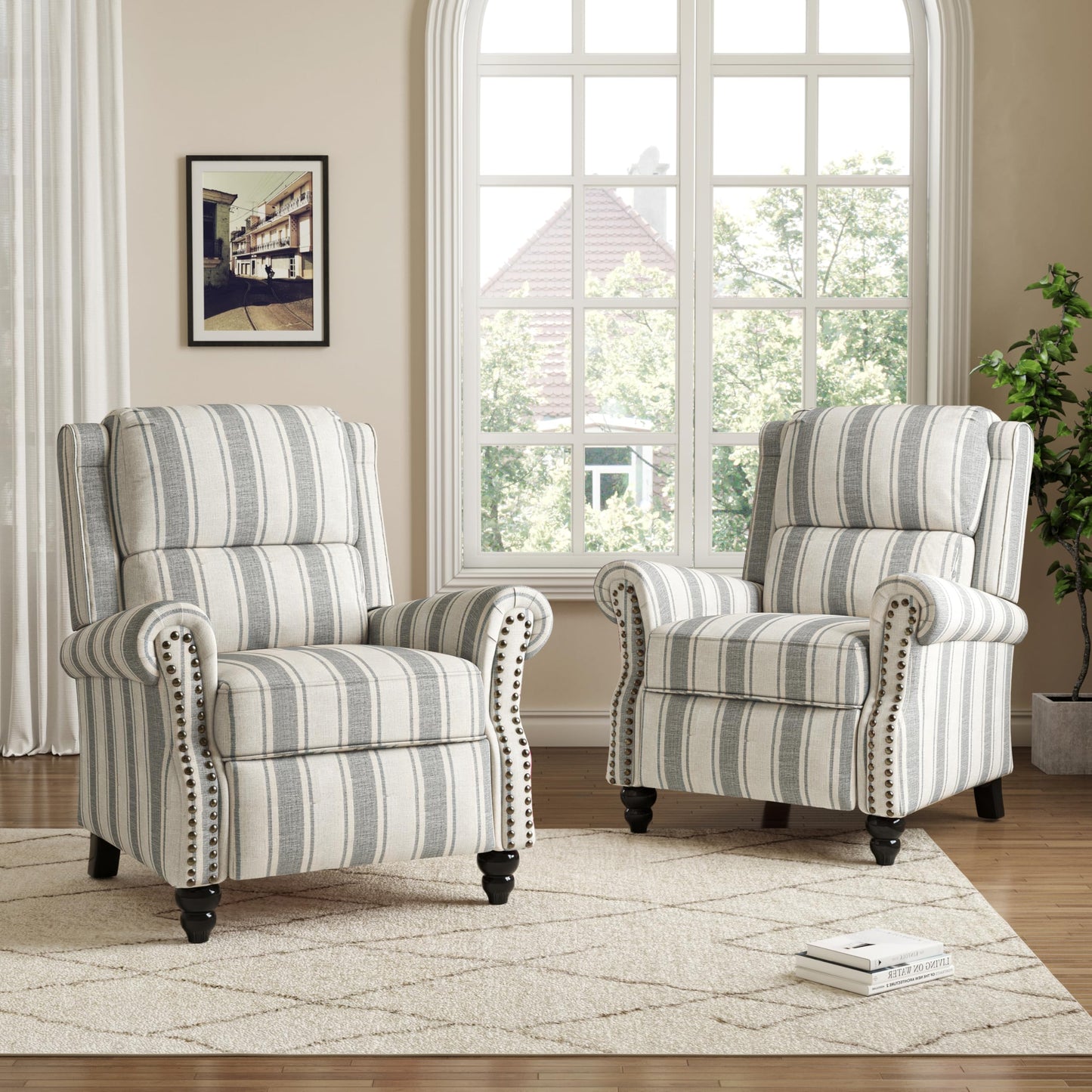 Pushback Recliner Chairs Set of 2, Comfy Fabric Wingback Recliner Chair, Upholstered Armchair Push Back Recliner with Wood Legs, Rivet Trim Accent Chair for Living Room, Bedroom, Blue Stripe