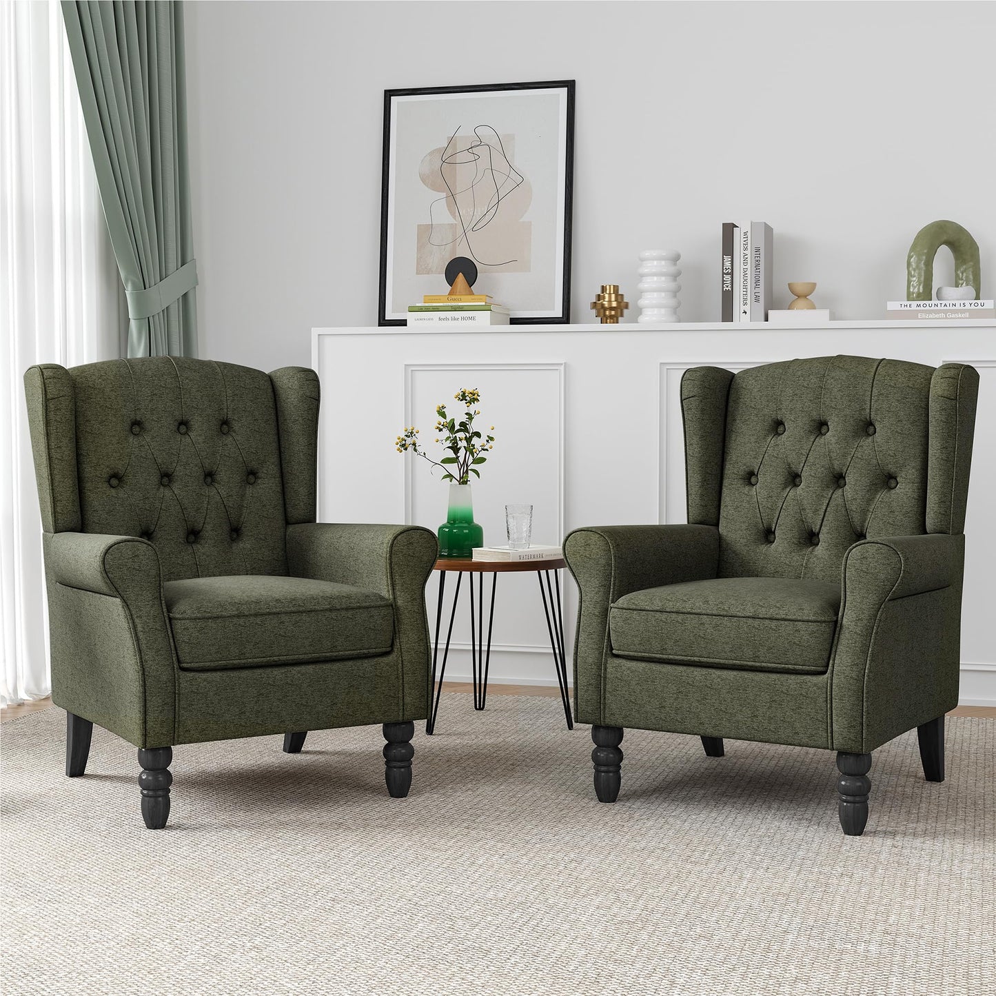 Faux Leather Wingback Chairs Set of 2, High Back Accent Chair for Living Room, Button-Tufted Upholstered Armchair with Solid Wood Legs, Comfy Reading Chair for Bedroom, Brown